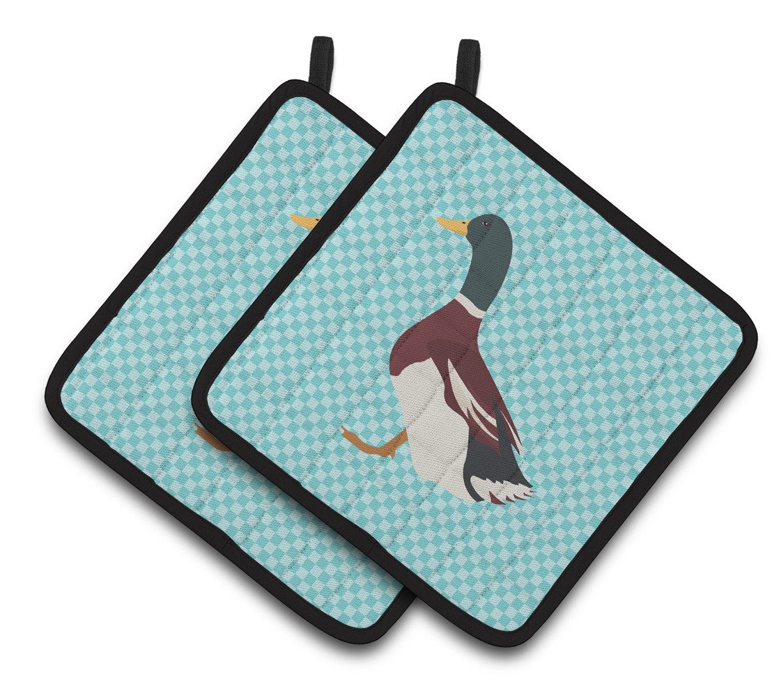 Rouen Duck Blue Check Pair of Pot Holders BB8030PTHD by Caroline&#39;s Treasures