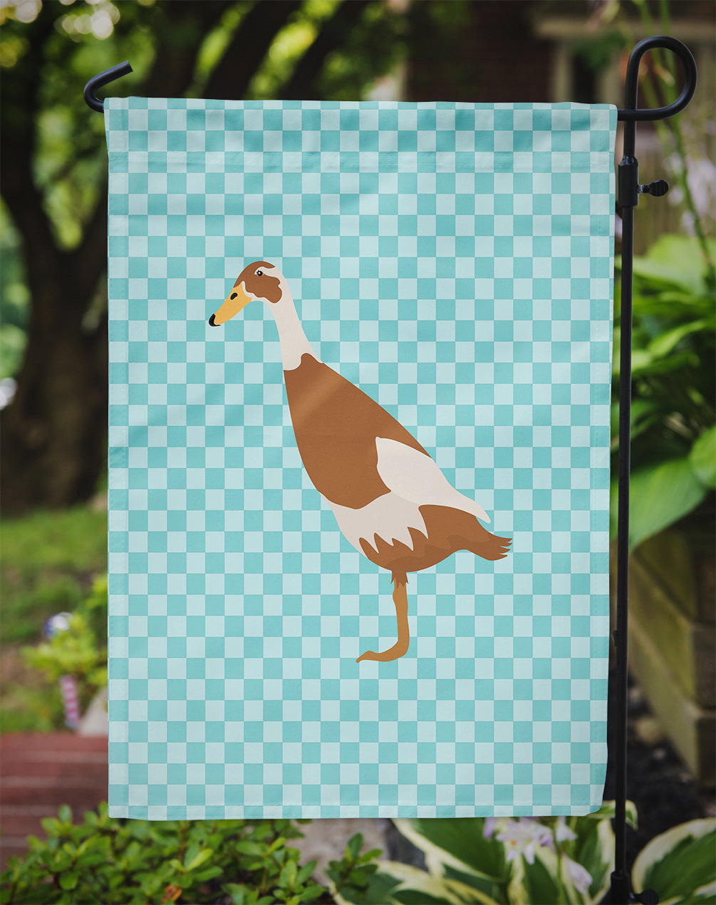 Indian Runner Duck Blue Check Flag Garden Size  the-store.com.