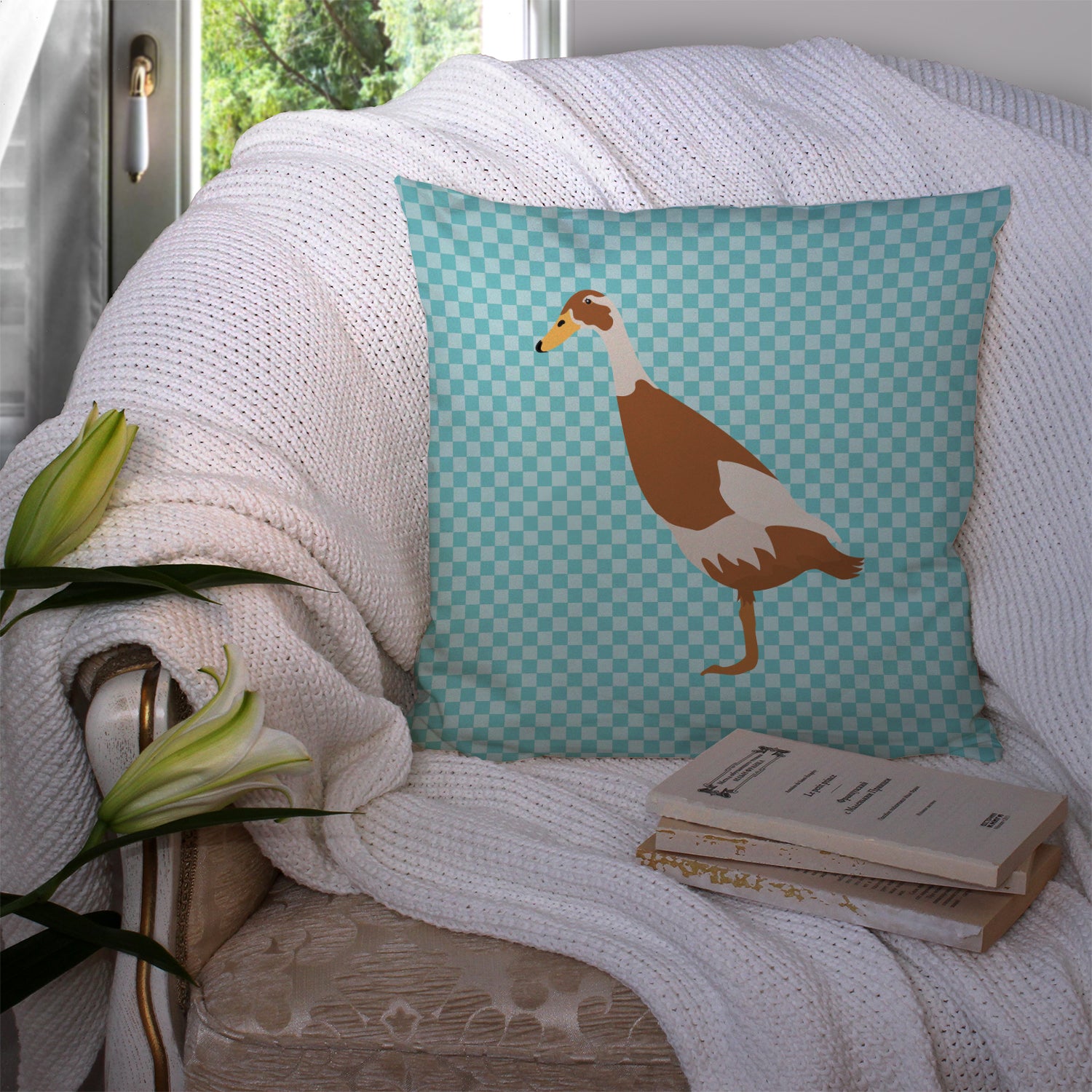 Indian Runner Duck Blue Check Fabric Decorative Pillow BB8039PW1414 - the-store.com