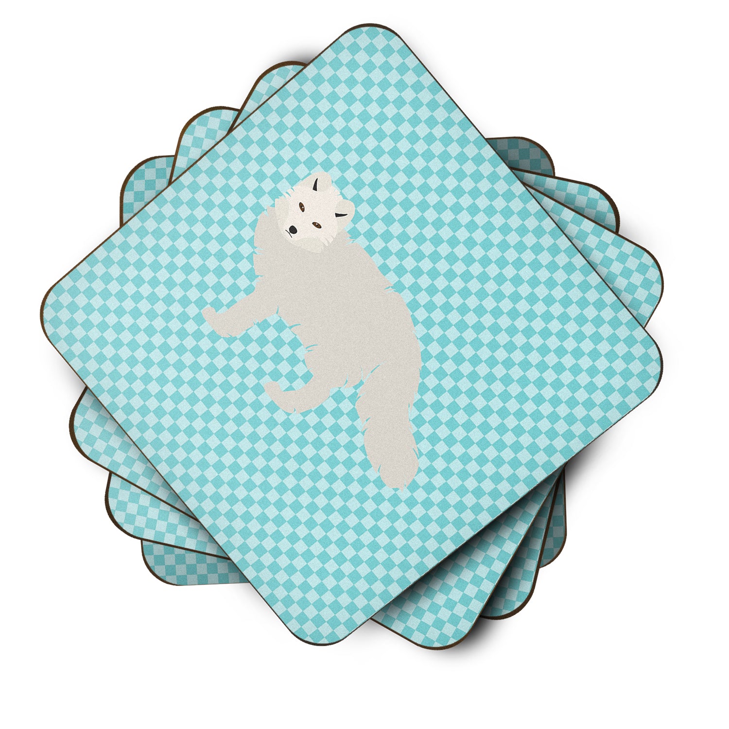 White Arctic Fox Blue Check Foam Coaster Set of 4 BB8051FC - the-store.com