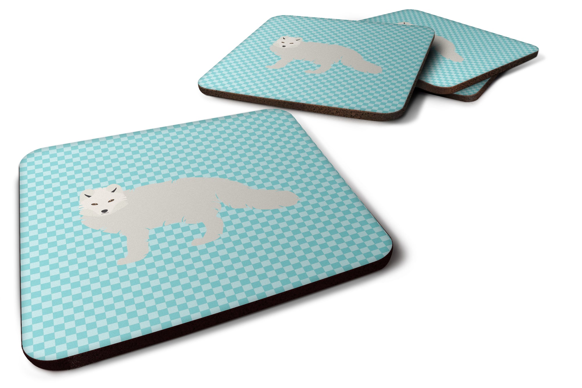 White Arctic Fox Blue Check Foam Coaster Set of 4 BB8051FC - the-store.com