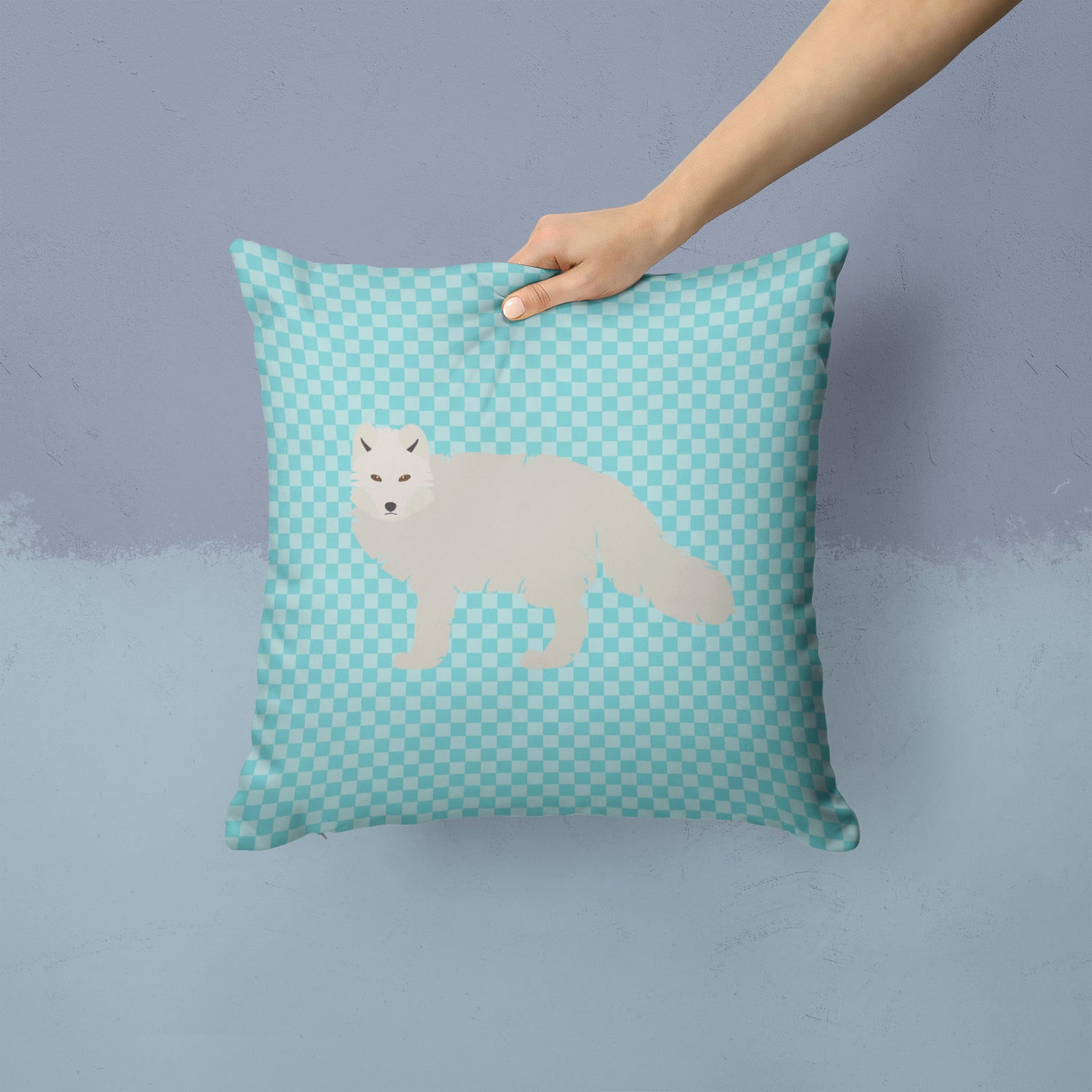 White Arctic Fox Blue Check Fabric Decorative Pillow BB8051PW1414 - the-store.com