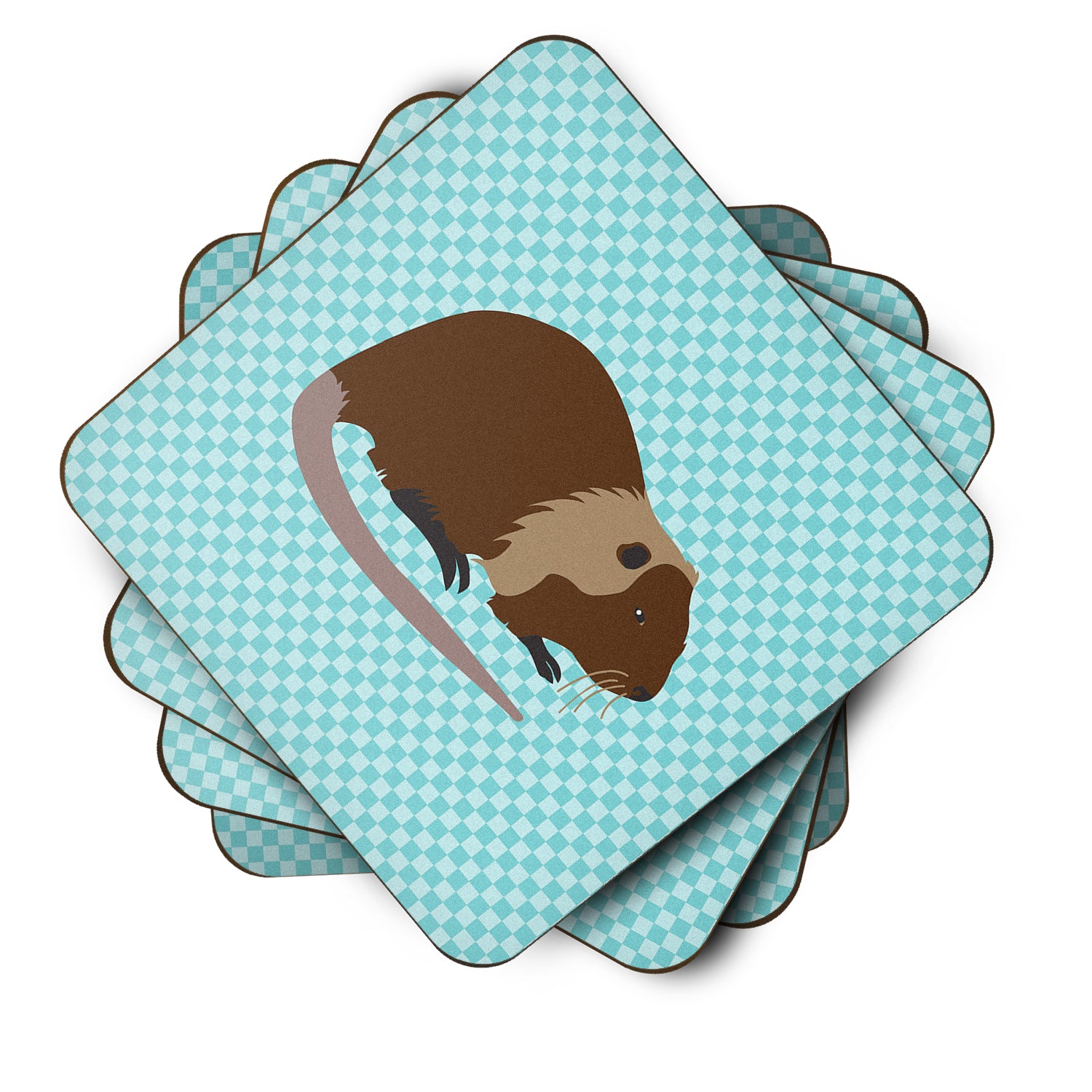 Coypu Nutria River Rat Blue Check Foam Coaster Set of 4 BB8053FC - the-store.com