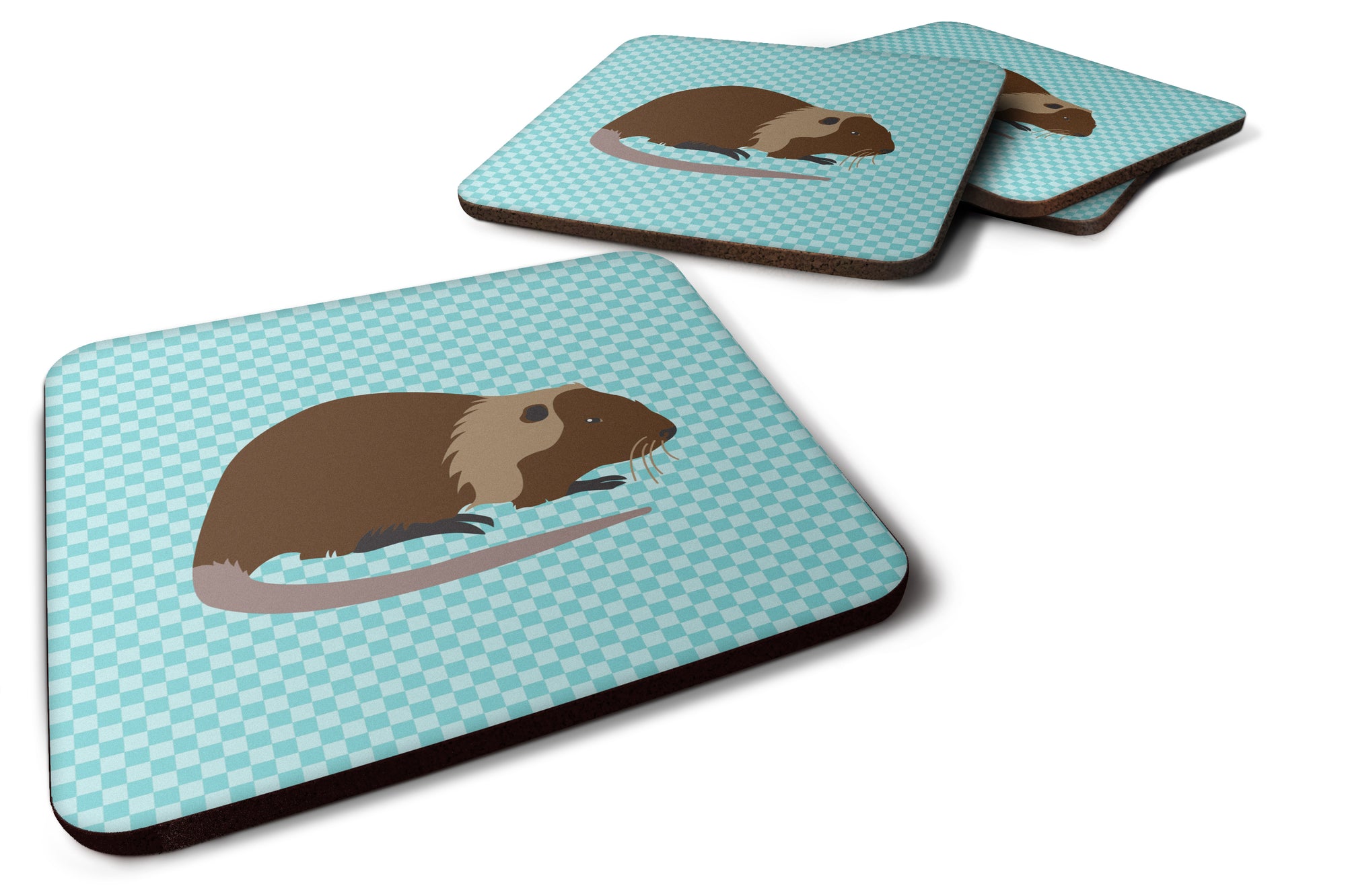 Coypu Nutria River Rat Blue Check Foam Coaster Set of 4 BB8053FC - the-store.com