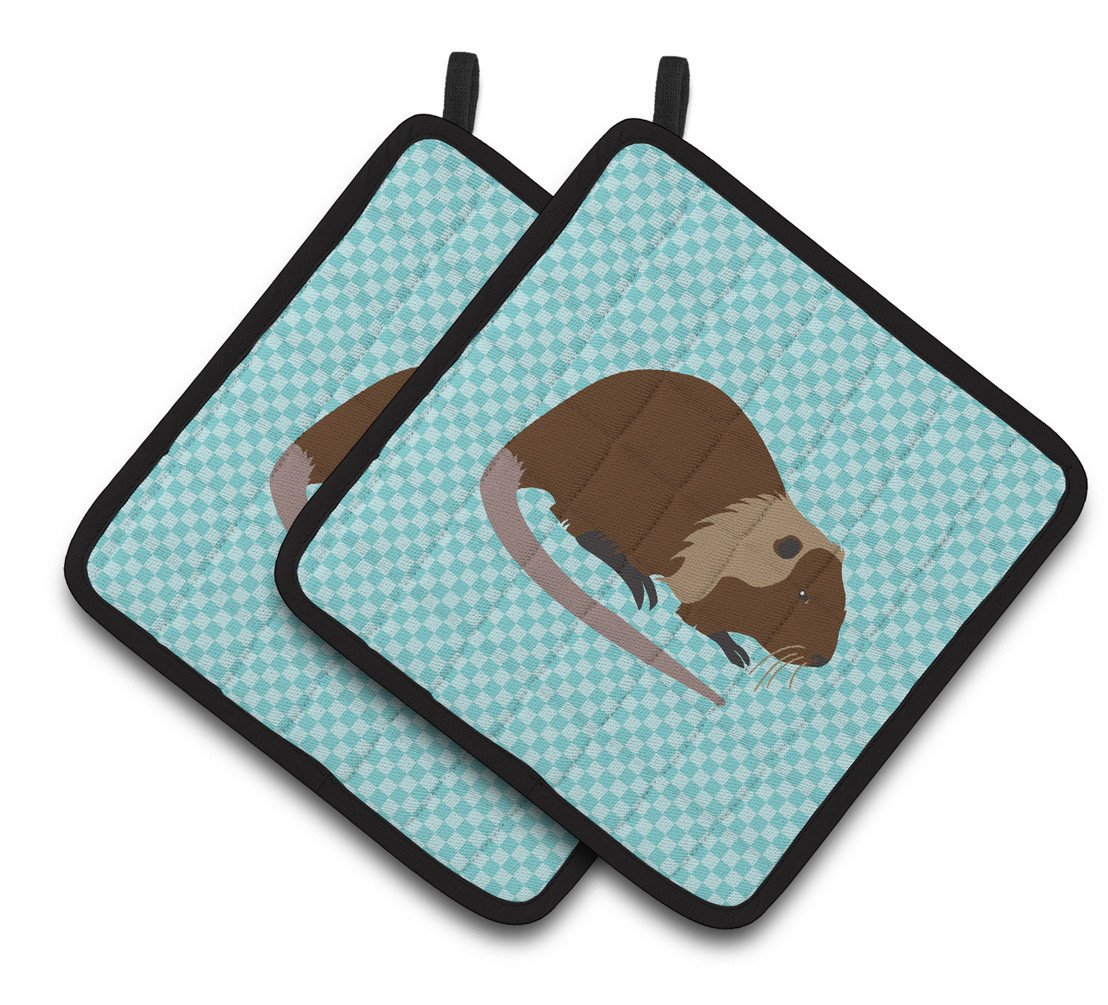 Coypu Nutria River Rat Blue Check Pair of Pot Holders BB8053PTHD by Caroline&#39;s Treasures