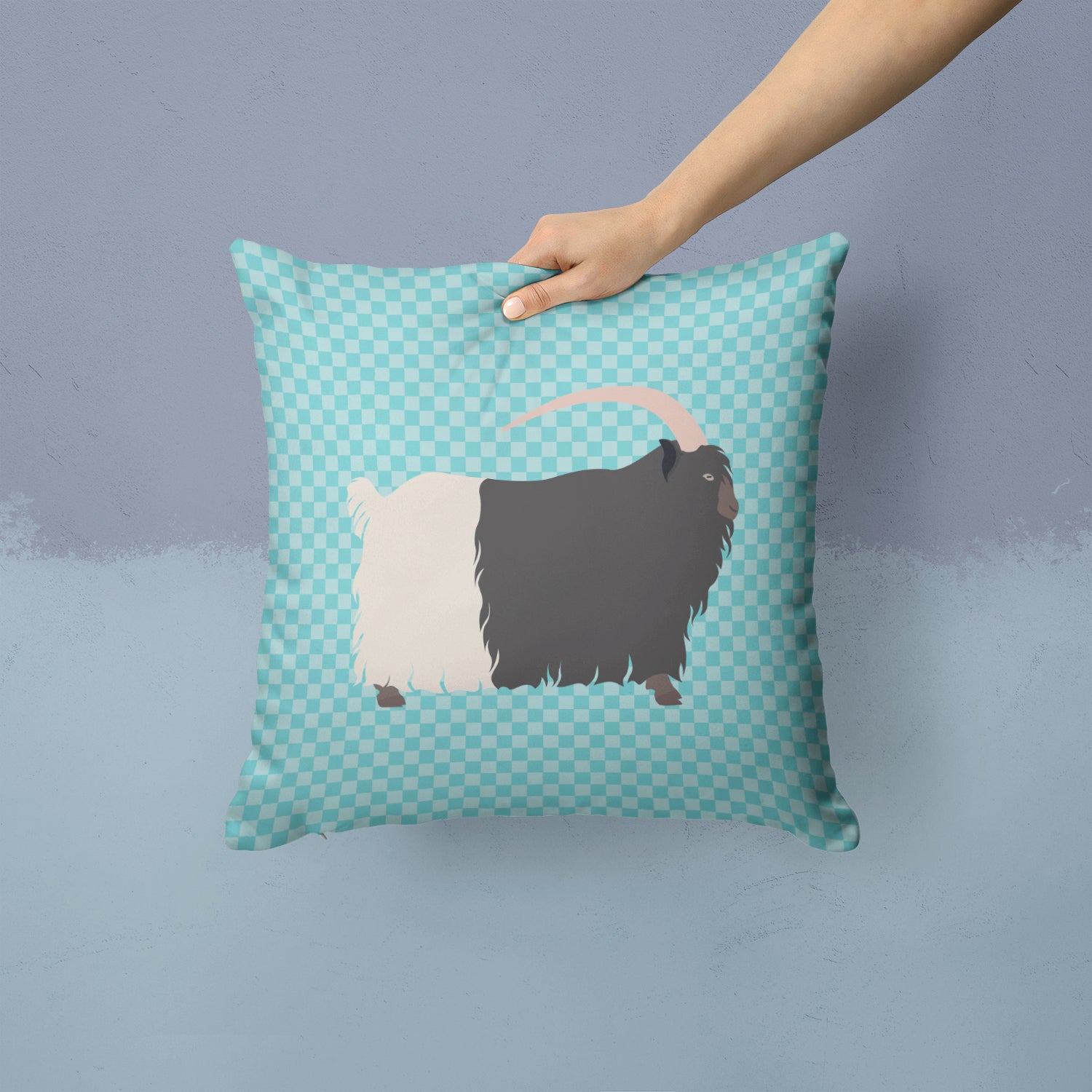 Welsh Black-Necked Goat Blue Check Fabric Decorative Pillow BB8061PW1414 - the-store.com