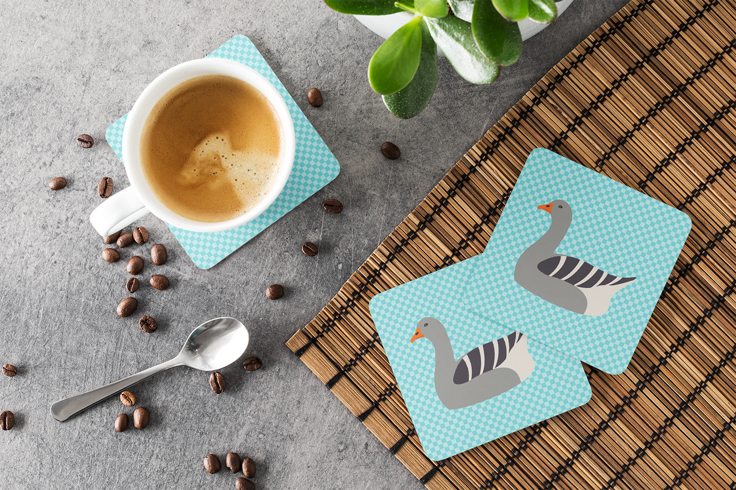 Pilgrim Goose Blue Check Foam Coaster Set of 4 BB8067FC - the-store.com