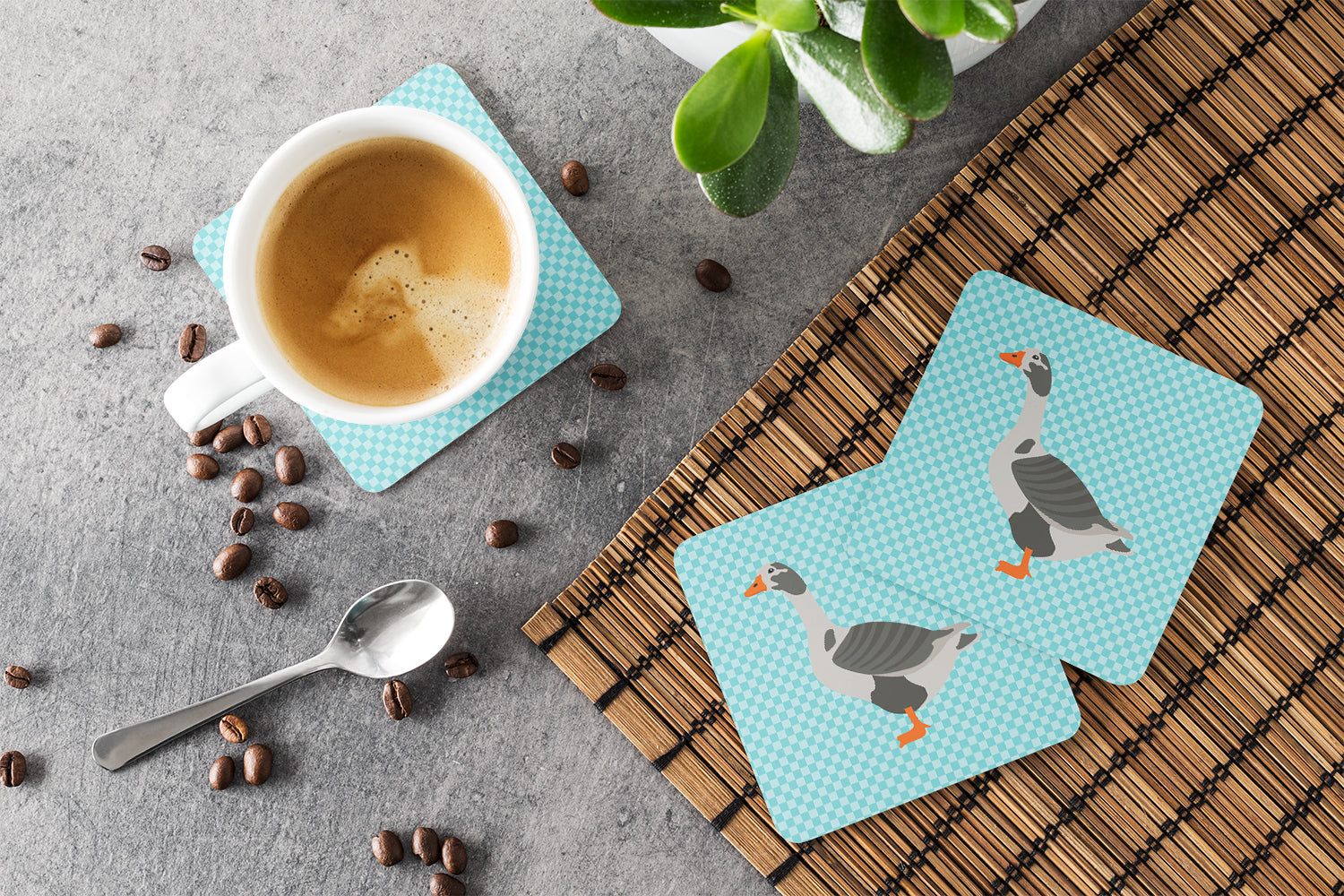 West of England Goose Blue Check Foam Coaster Set of 4 BB8069FC - the-store.com