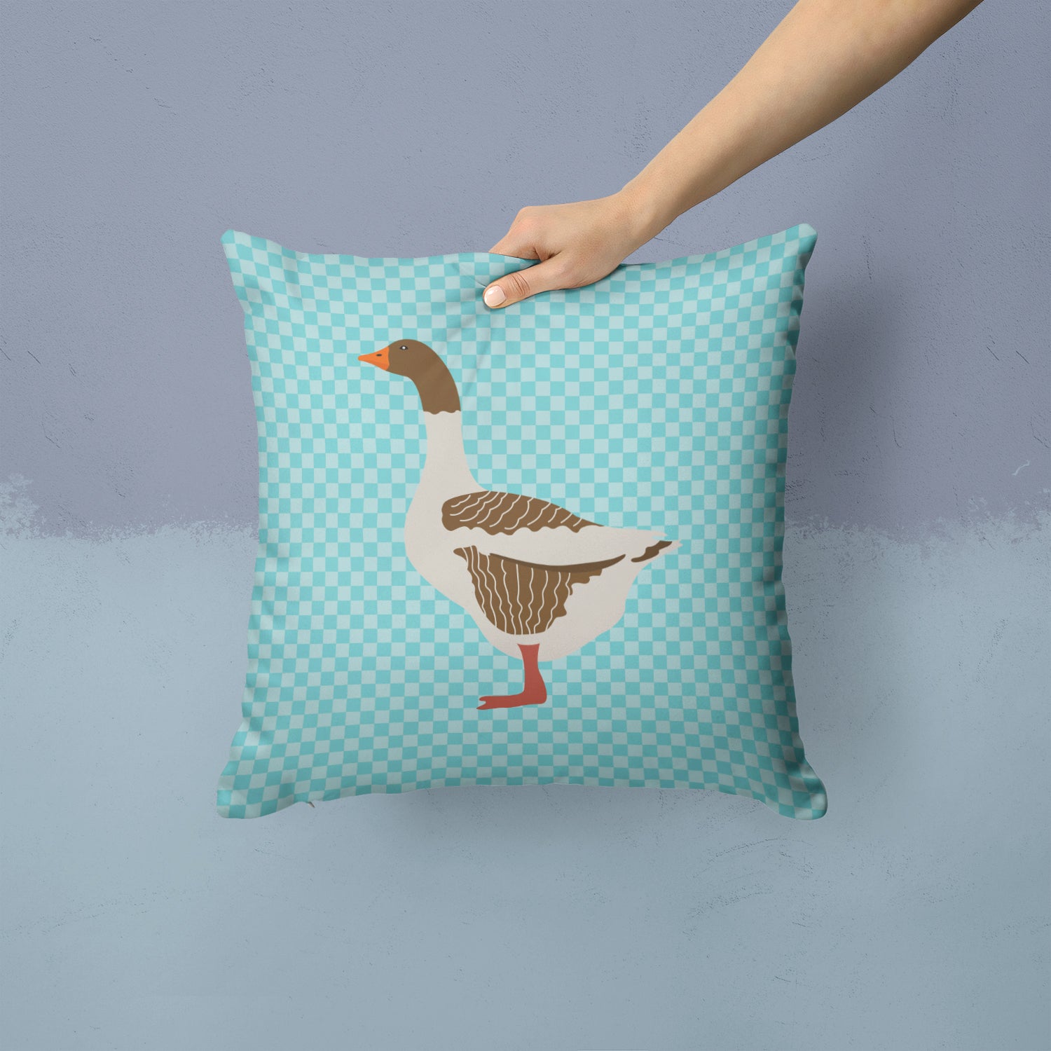 Pomeranian Rogener Goose Blue Check Fabric Decorative Pillow BB8077PW1414 - the-store.com