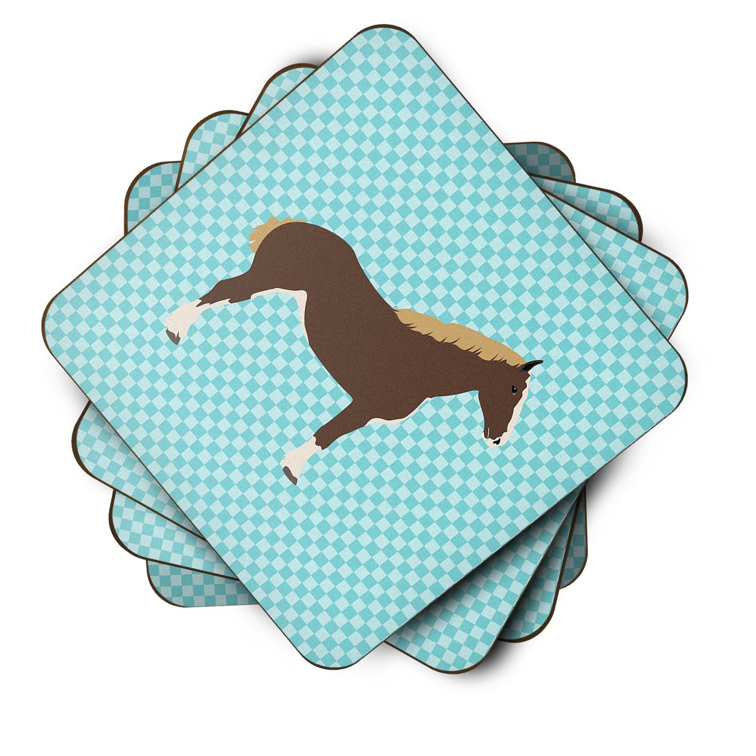 Percheron Horse Blue Check Foam Coaster Set of 4 BB8080FC - the-store.com