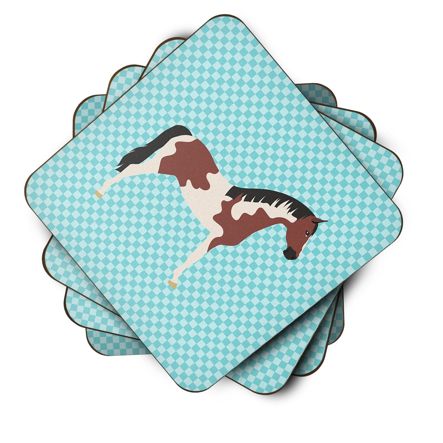 Pinto Horse Blue Check Foam Coaster Set of 4 BB8081FC - the-store.com