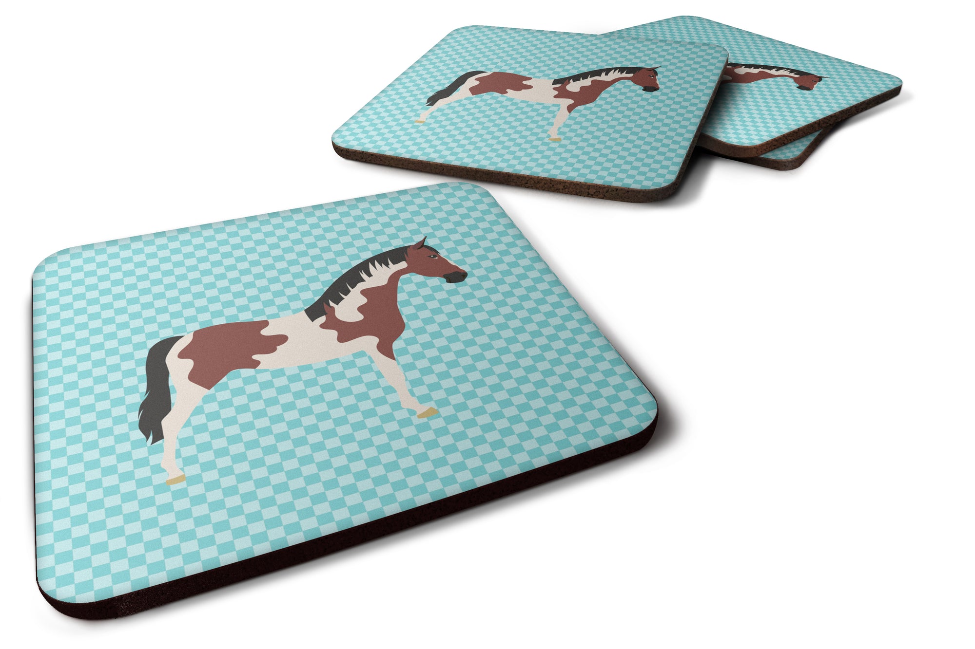 Pinto Horse Blue Check Foam Coaster Set of 4 BB8081FC - the-store.com