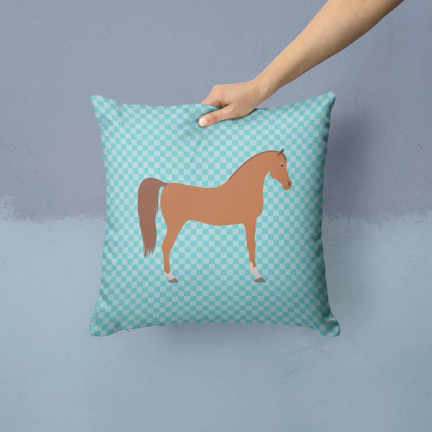 Arabian Horse Blue Check Fabric Decorative Pillow BB8085PW1414 - the-store.com