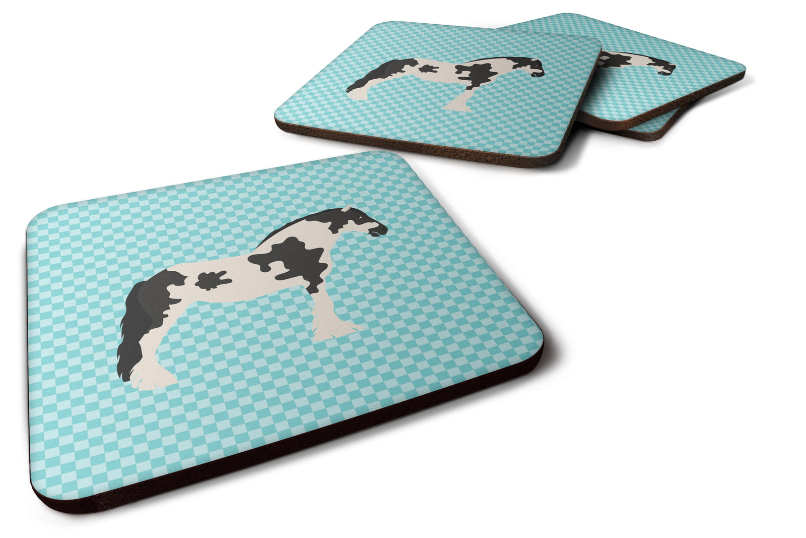 Cyldesdale Horse Blue Check Foam Coaster Set of 4 BB8086FC - the-store.com