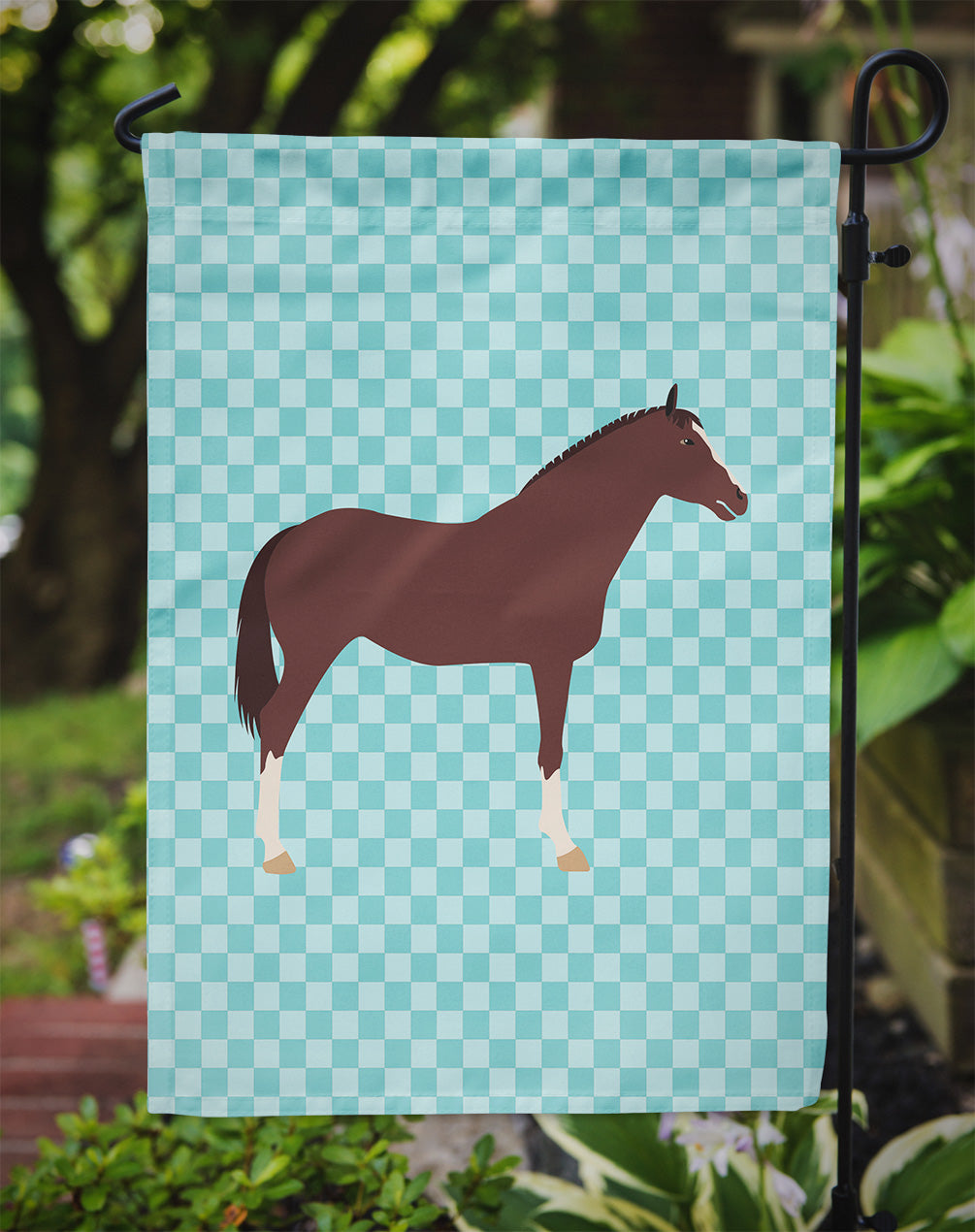 English Thoroughbred Horse Blue Check Flag Garden Size  the-store.com.