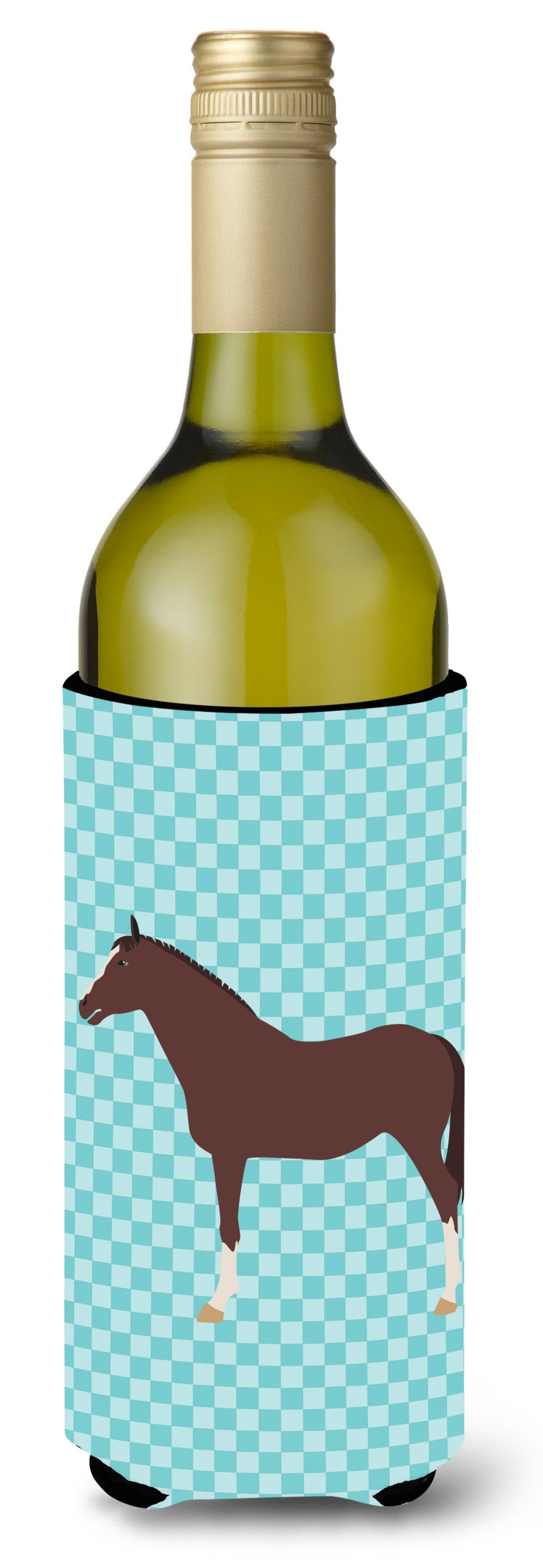 English Thoroughbred Horse Blue Check Wine Bottle Beverge Insulator Hugger BB8087LITERK by Caroline's Treasures