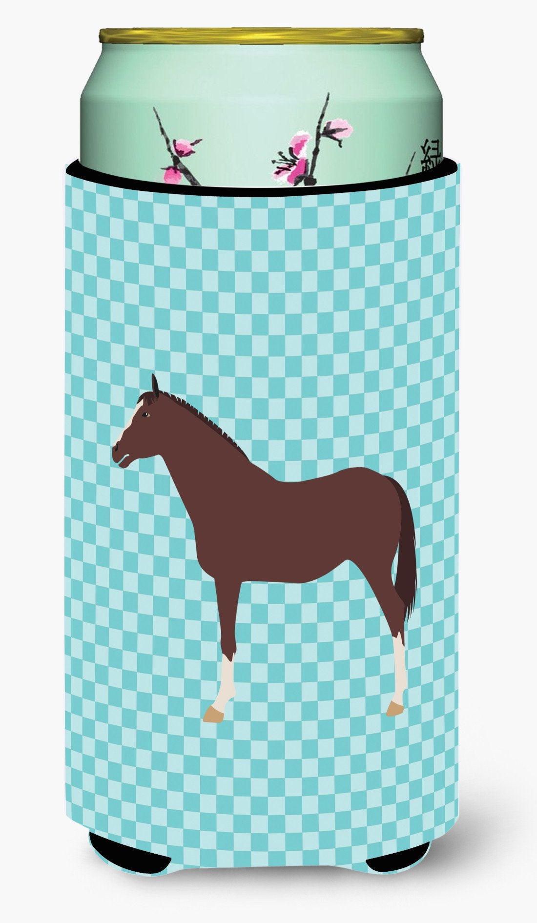 English Thoroughbred Horse Blue Check Tall Boy Beverage Insulator Hugger BB8087TBC by Caroline&#39;s Treasures