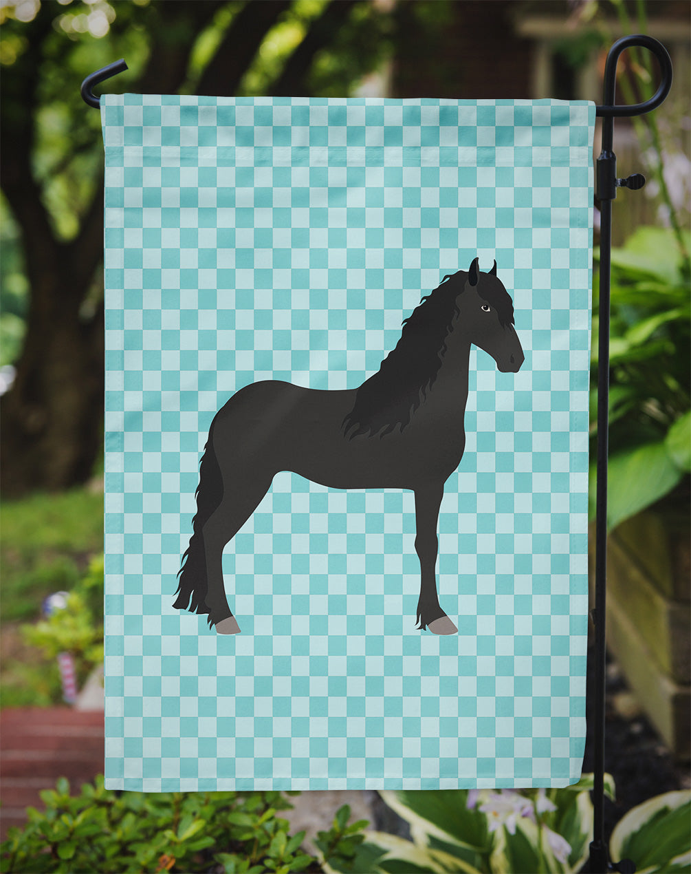 Friesian Horse Blue Check Flag Garden Size  the-store.com.