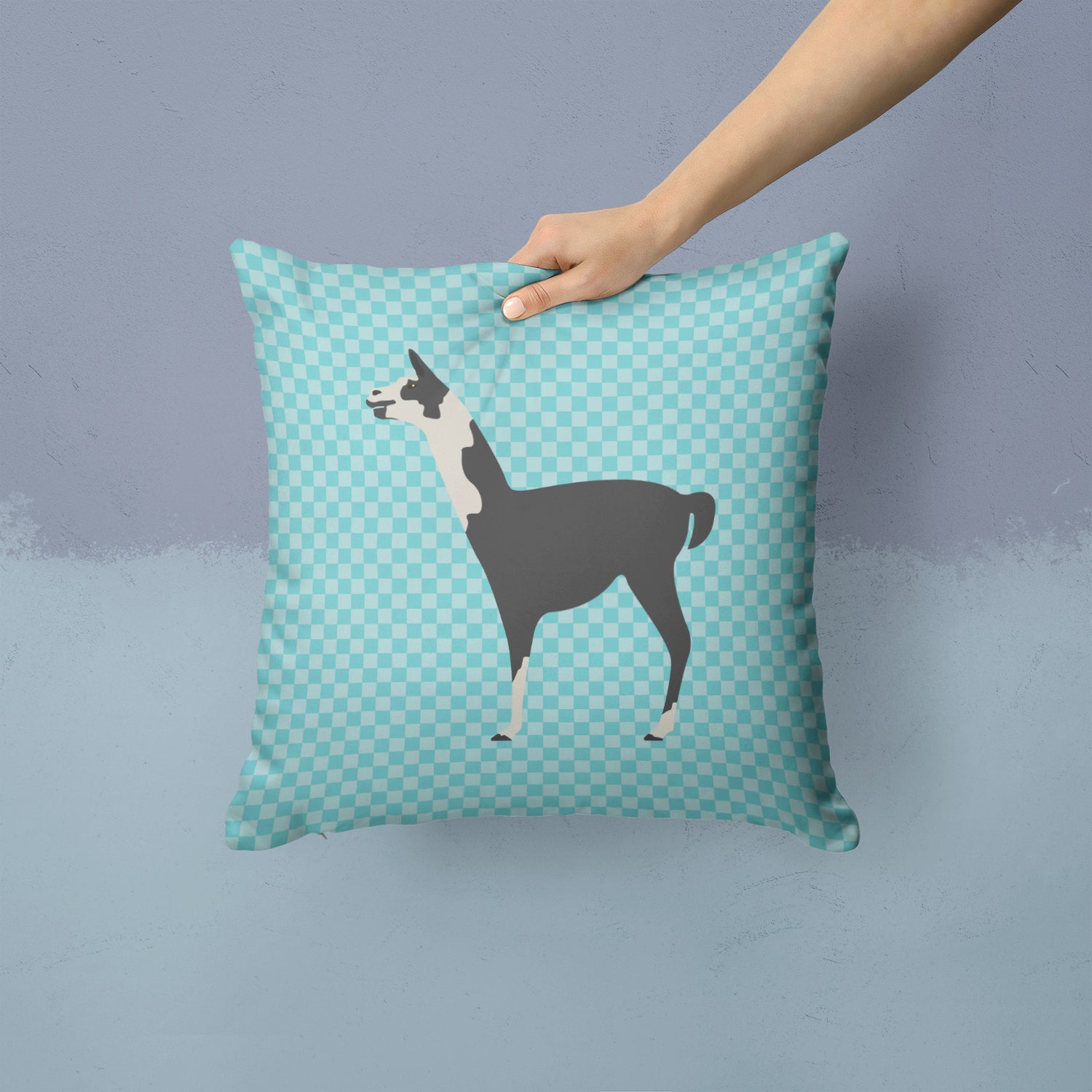 Llama Q' Ara Blue Check Fabric Decorative Pillow BB8092PW1414 - the-store.com