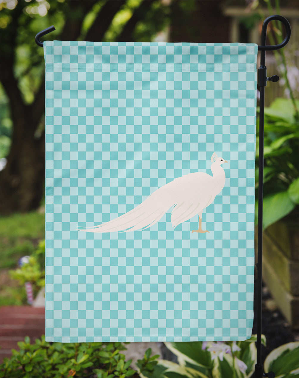 White Peacock Peafowl Blue Check Flag Garden Size  the-store.com.