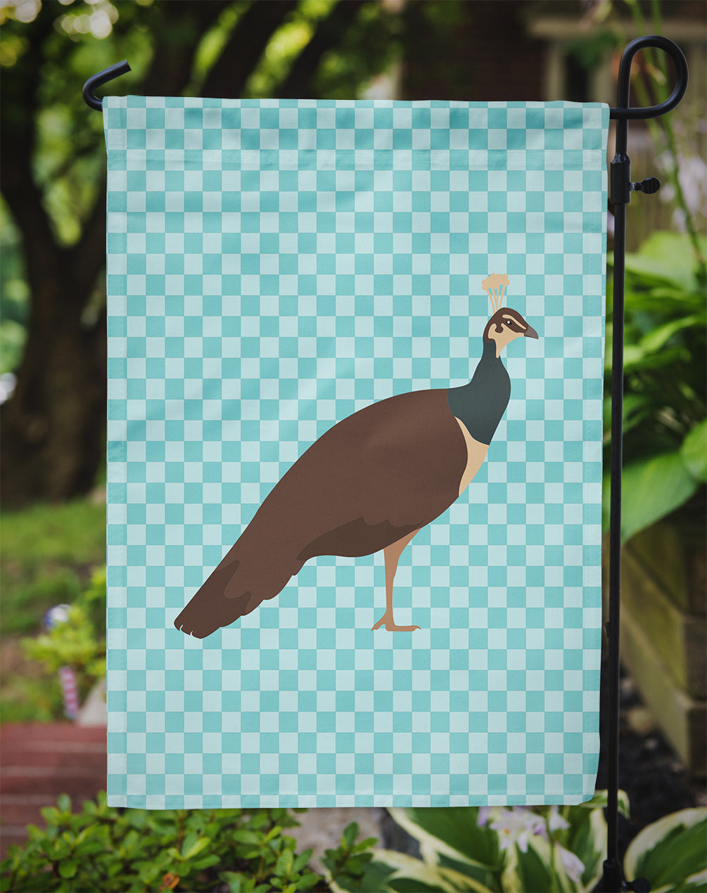 Indian Peahen Peafowl Blue Check Flag Garden Size  the-store.com.