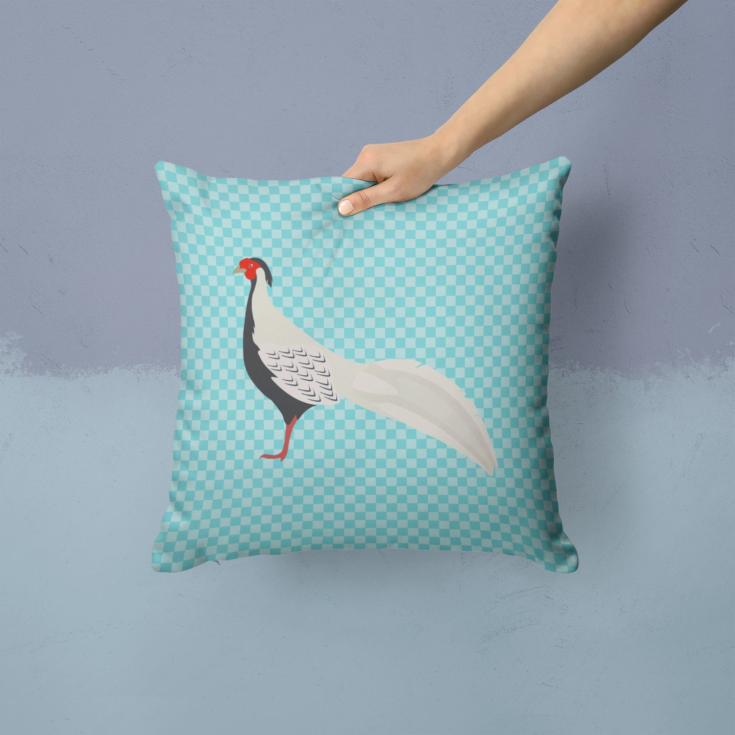 Silver Pheasant Blue Check Fabric Decorative Pillow BB8103PW1414 - the-store.com