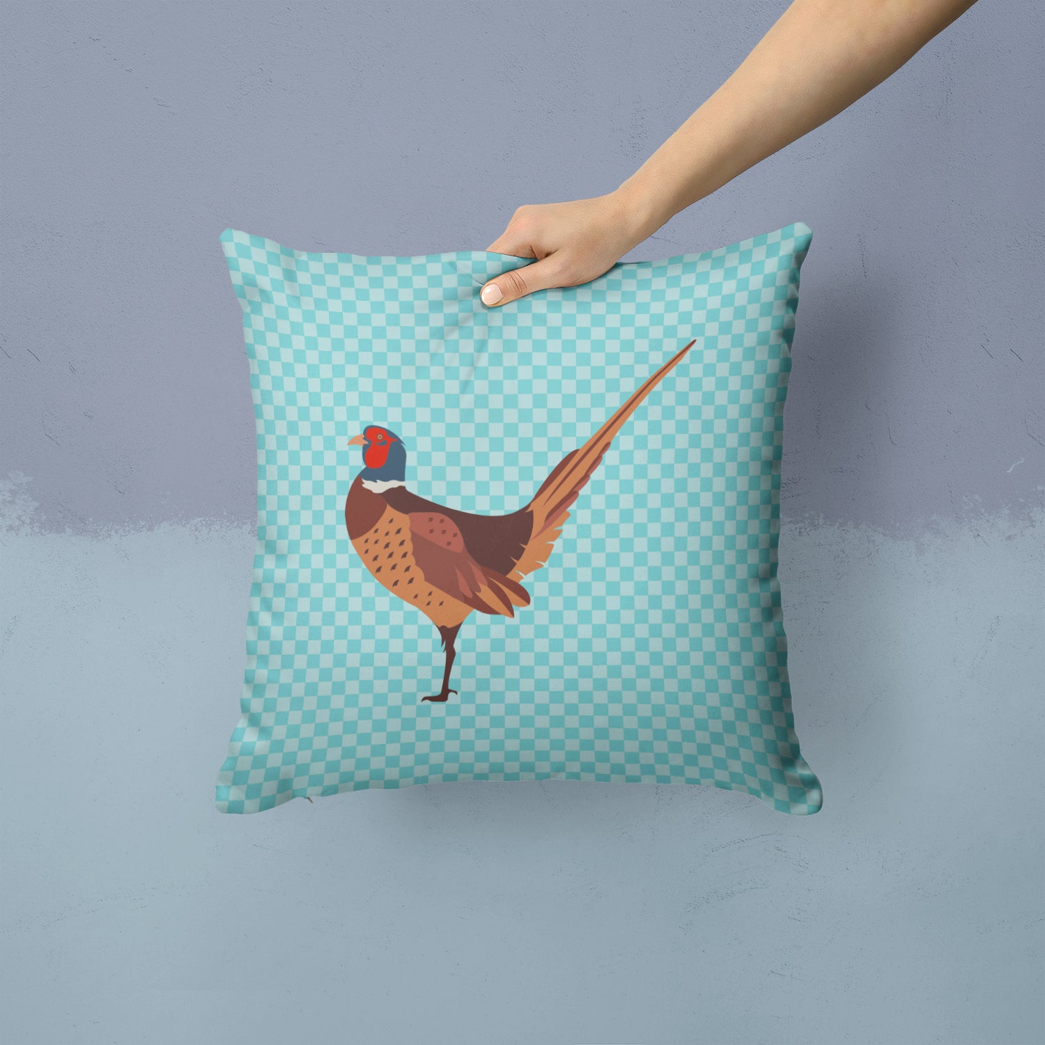 Ring-necked Common Pheasant Blue Check Fabric Decorative Pillow BB8104PW1414 - the-store.com