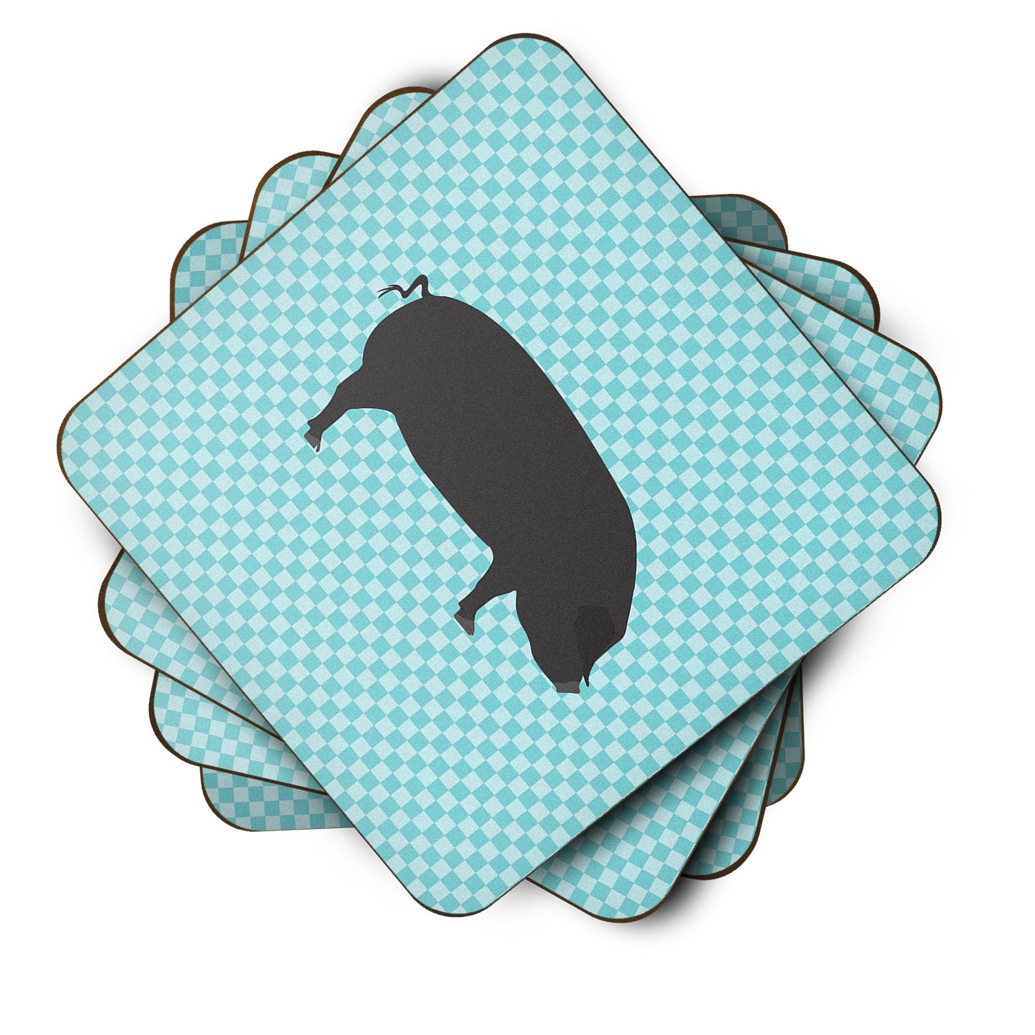 Devon Large Black Pig Blue Check Foam Coaster Set of 4 BB8105FC - the-store.com