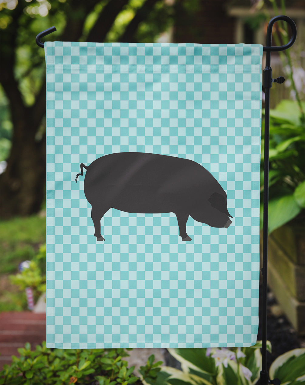 Devon Large Black Pig Blue Check Flag Garden Size  the-store.com.