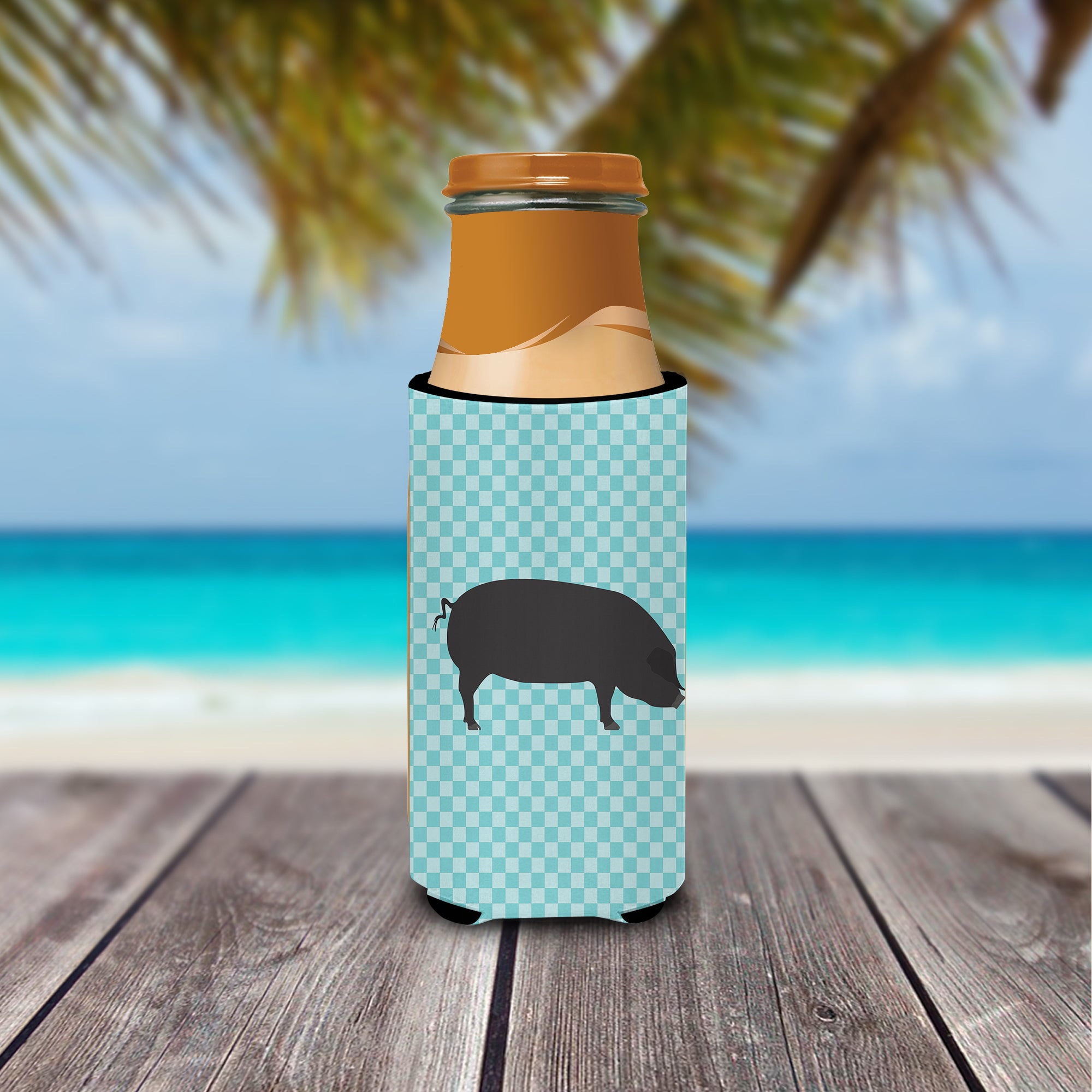 Devon Large Black Pig Blue Check  Ultra Hugger for slim cans  the-store.com.