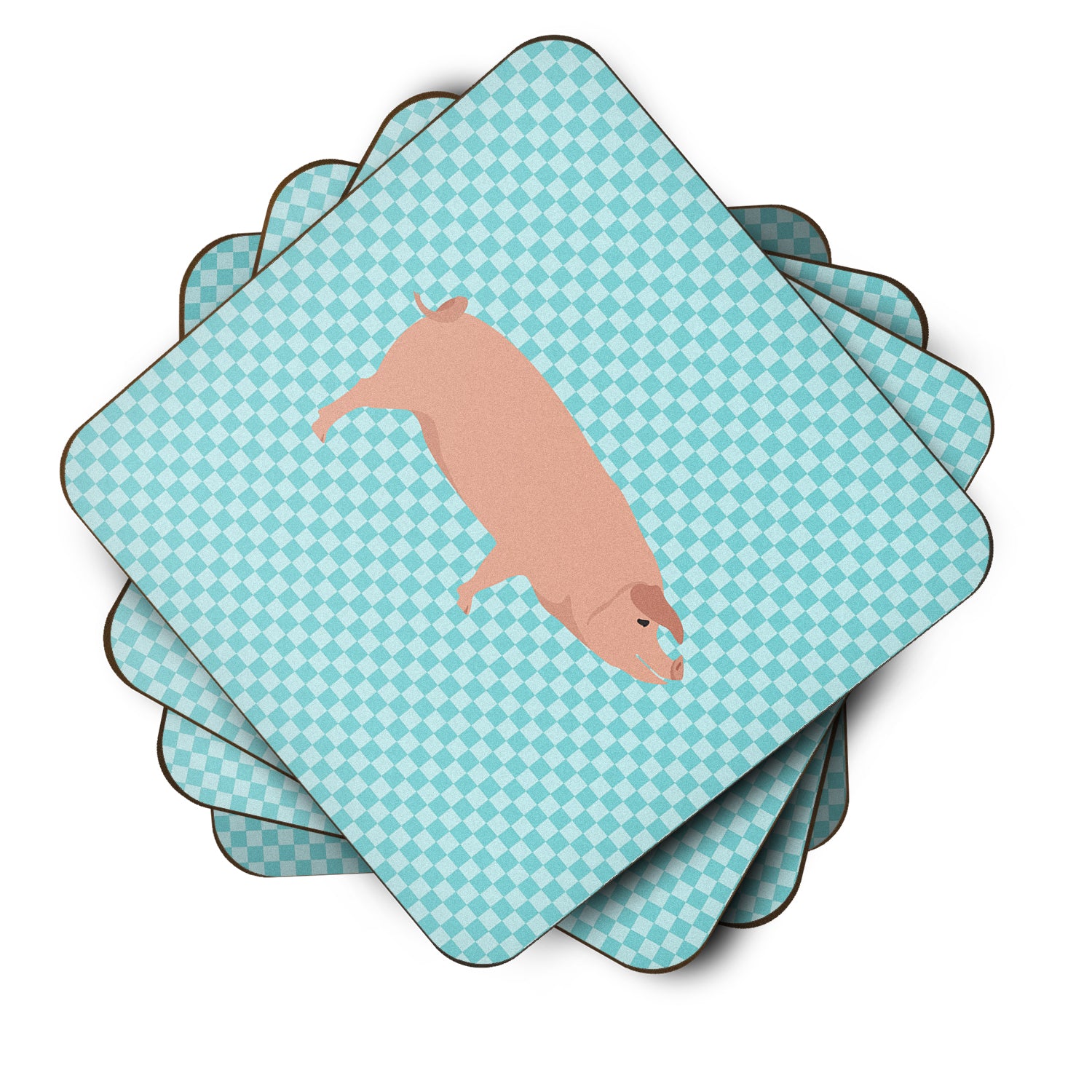 American Landrace Pig Blue Check Foam Coaster Set of 4 BB8106FC - the-store.com