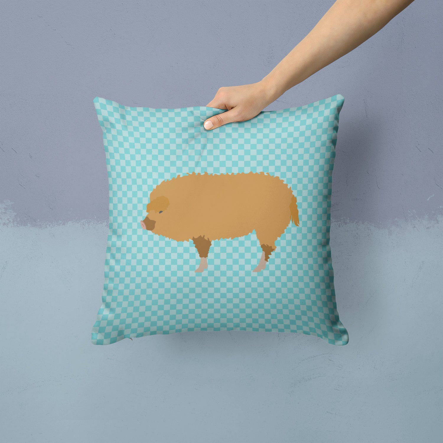 Hungarian Mangalica Pig Blue Check Fabric Decorative Pillow BB8108PW1414 - the-store.com