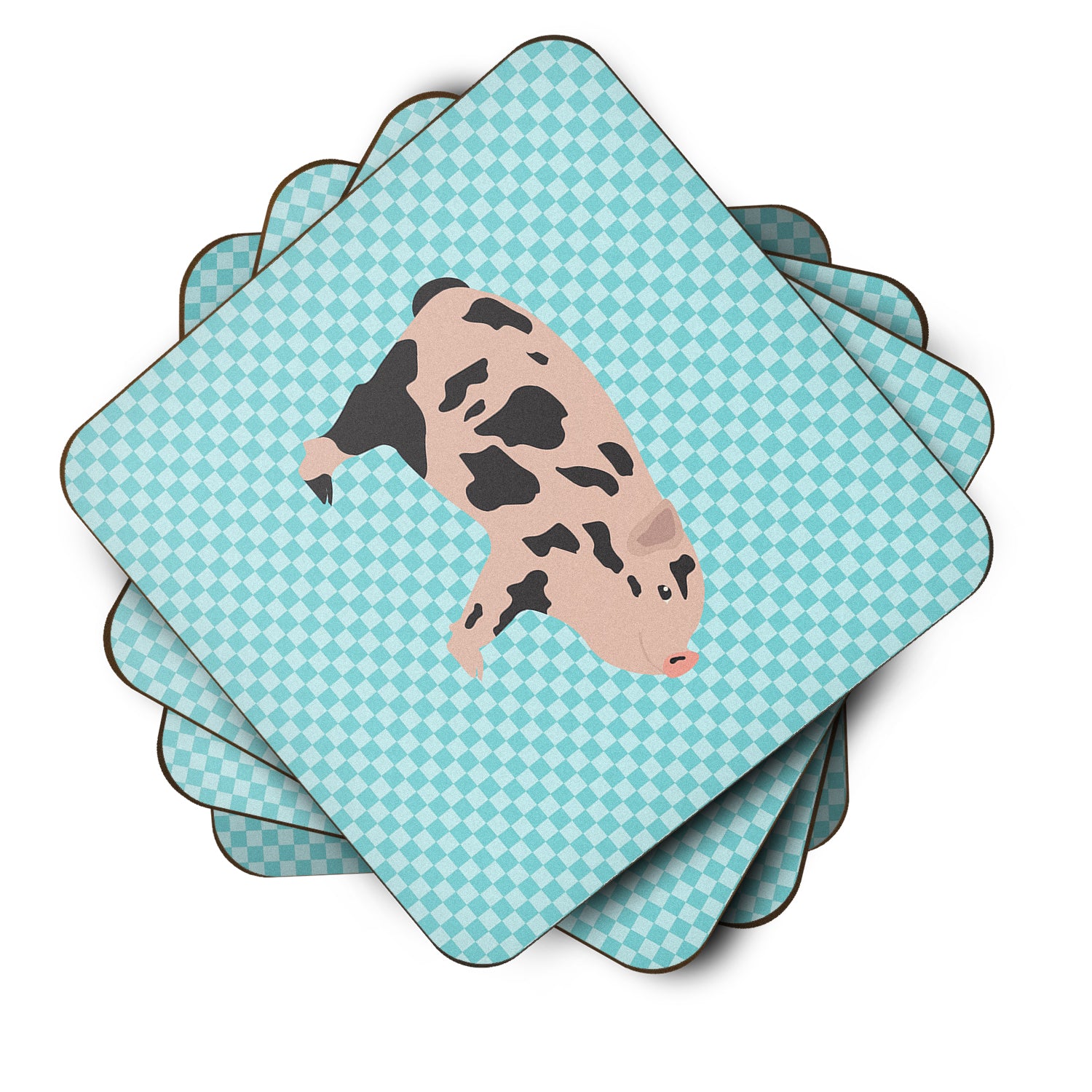 Mini Miniature Pig Blue Check Foam Coaster Set of 4 BB8109FC - the-store.com