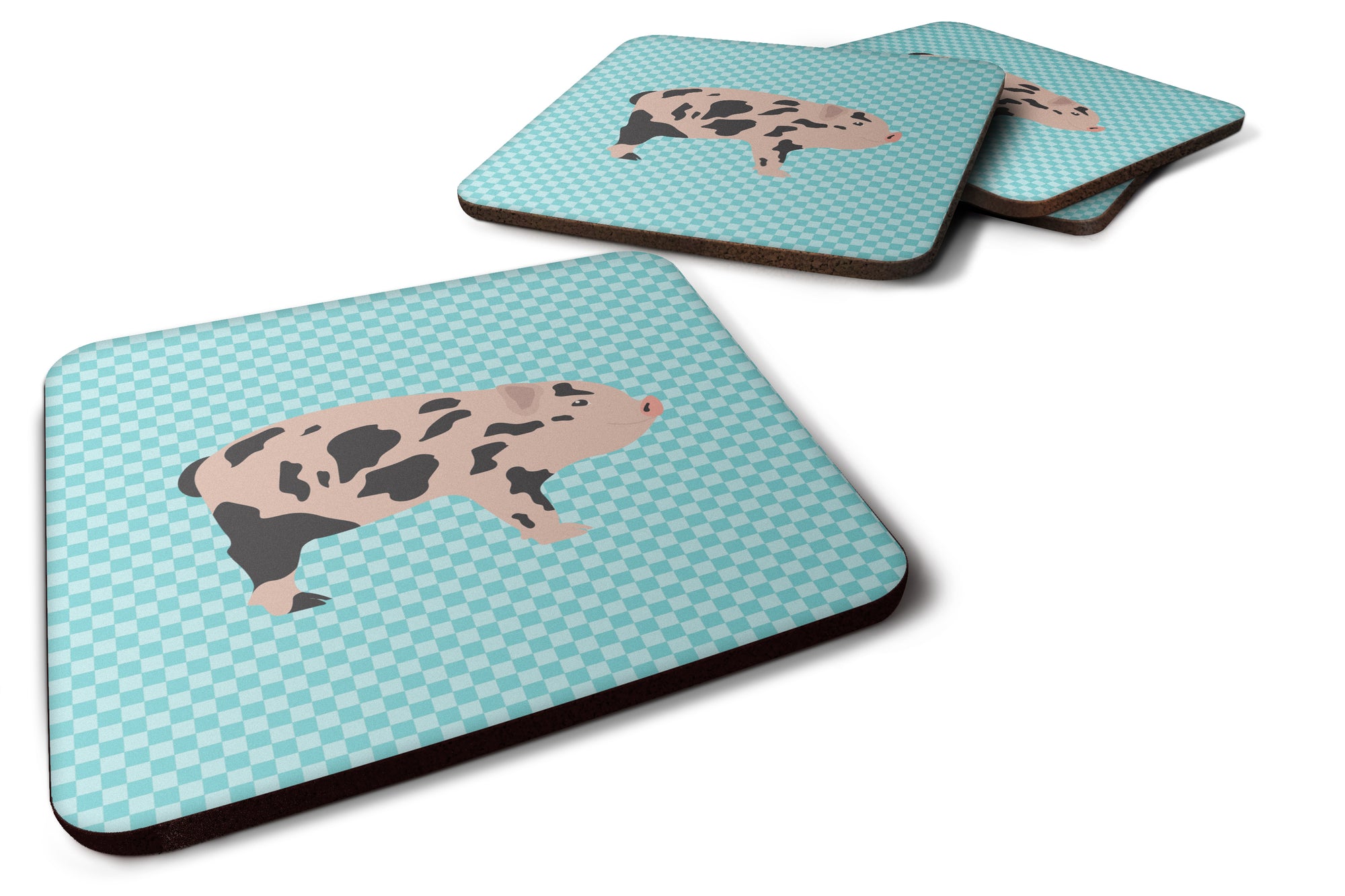 Mini Miniature Pig Blue Check Foam Coaster Set of 4 BB8109FC - the-store.com