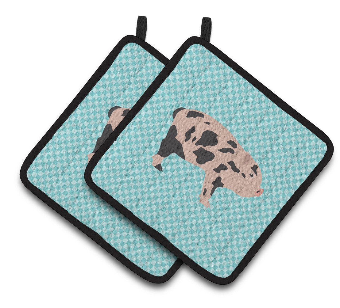 Mini Miniature Pig Blue Check Pair of Pot Holders BB8109PTHD by Caroline's Treasures