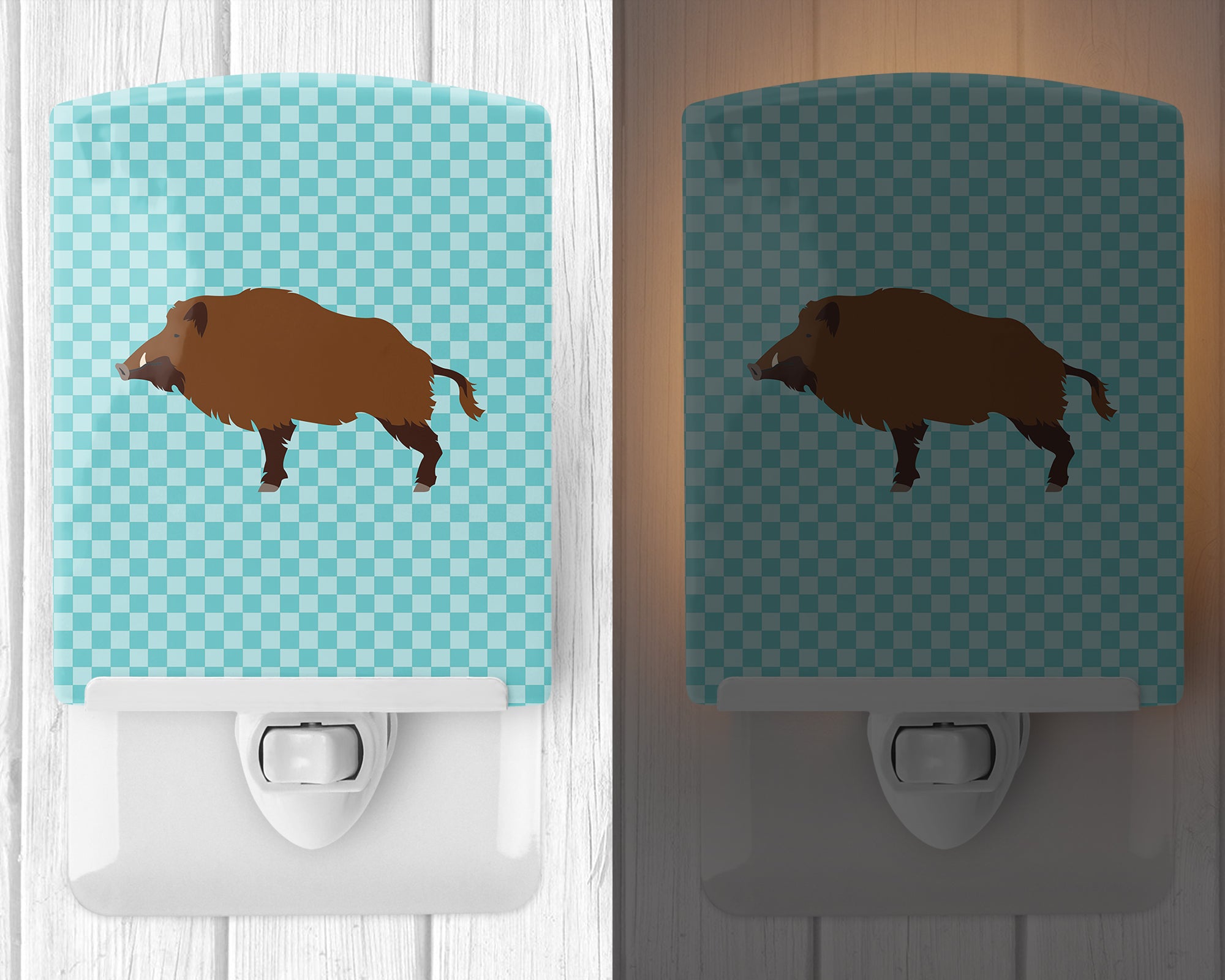 Wild Boar Pig Blue Check Ceramic Night Light BB8110CNL - the-store.com