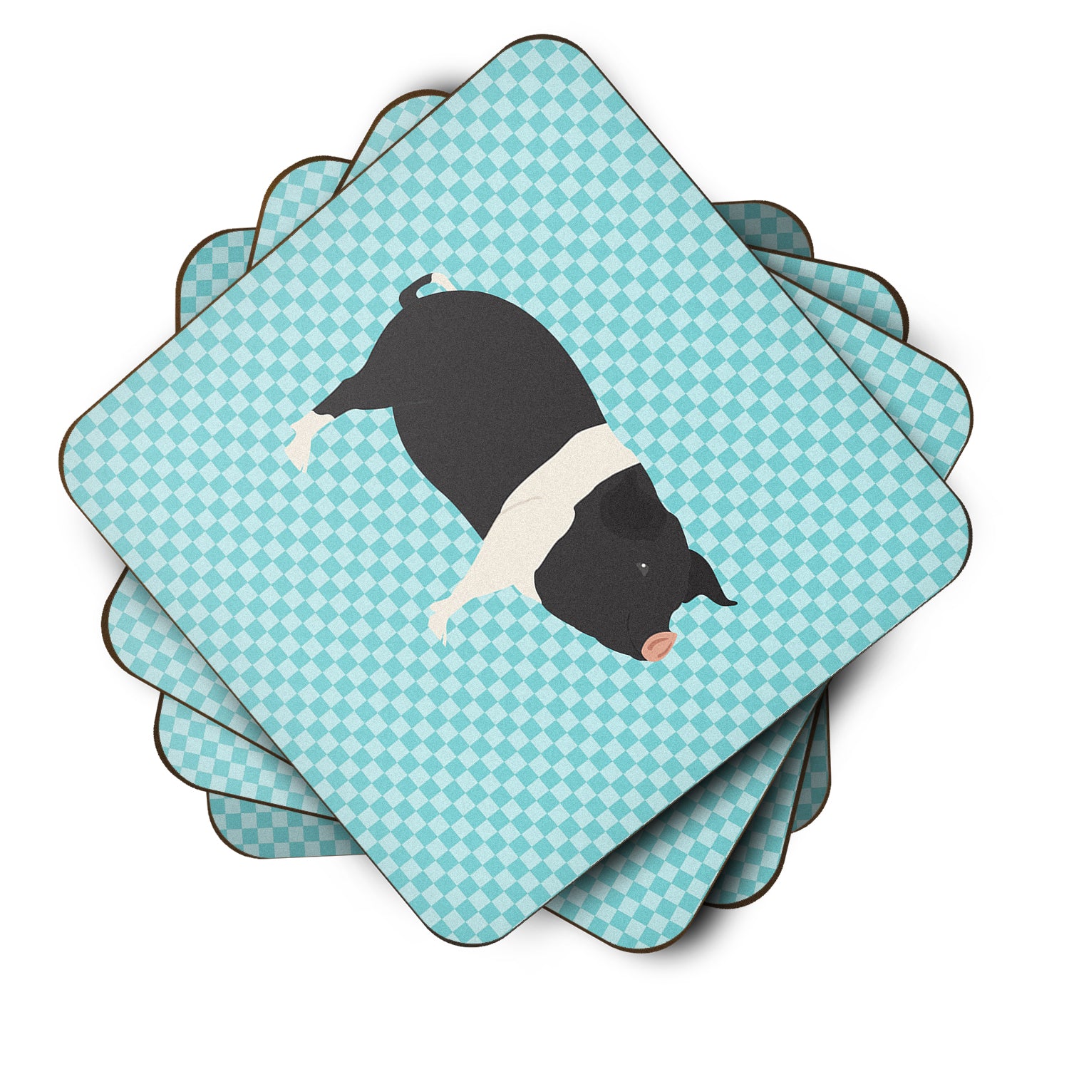 Hampshire Pig Blue Check Foam Coaster Set of 4 BB8113FC - the-store.com