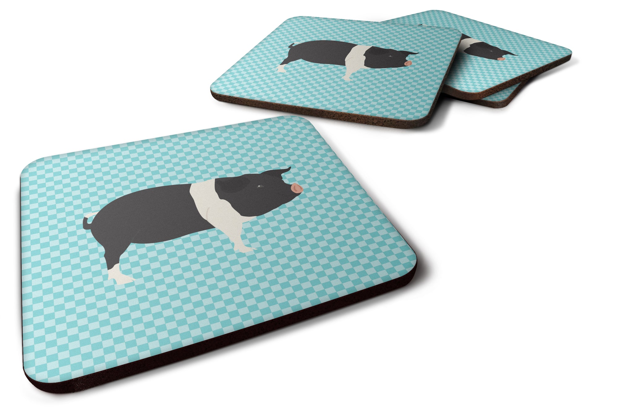 Hampshire Pig Blue Check Foam Coaster Set of 4 BB8113FC - the-store.com