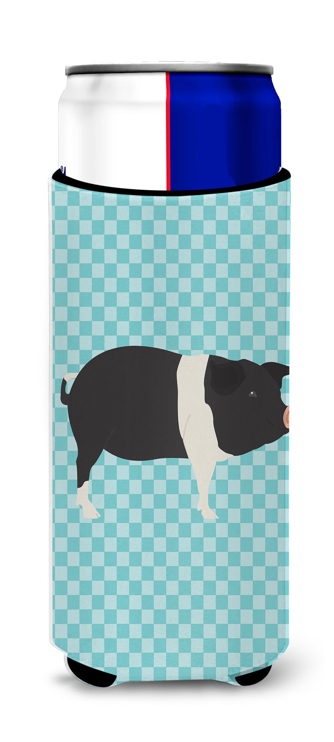 Hampshire Pig Blue Check  Ultra Hugger for slim cans  the-store.com.