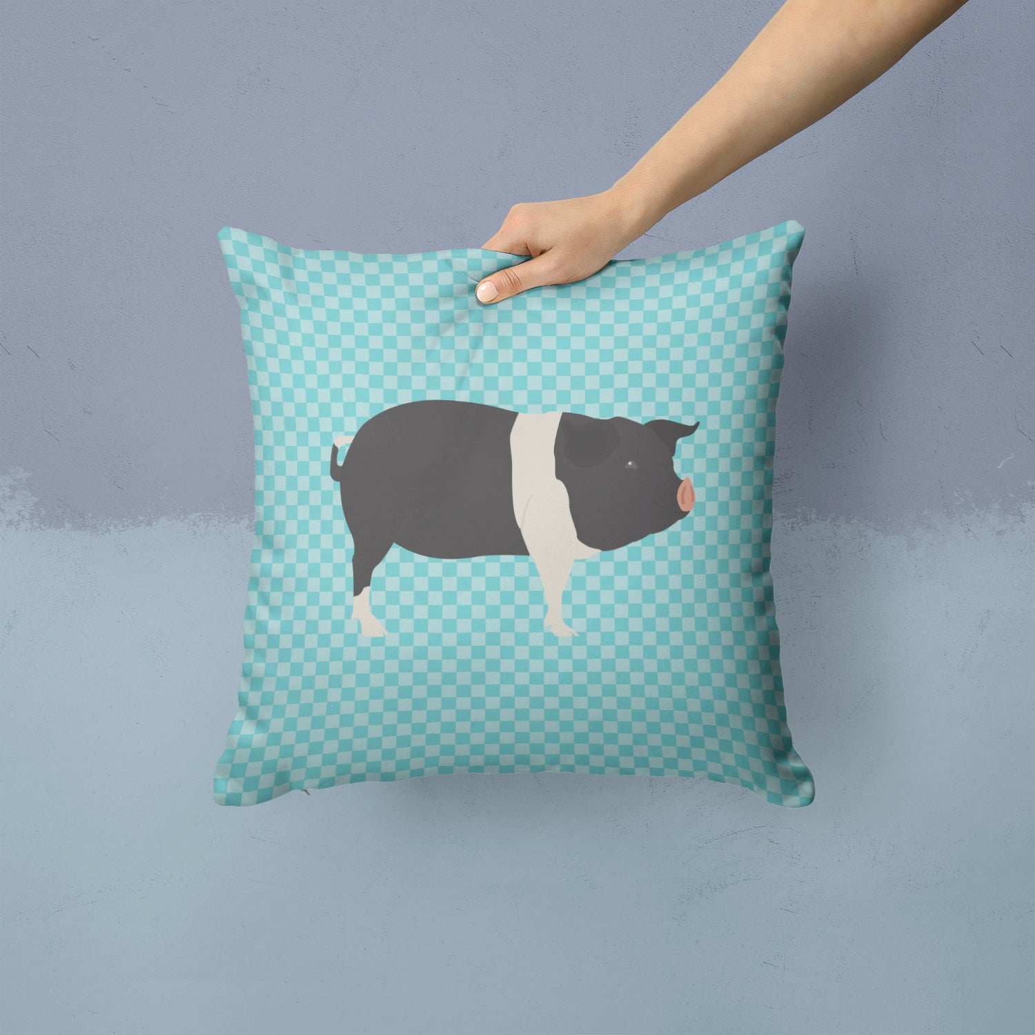 Hampshire Pig Blue Check Fabric Decorative Pillow BB8113PW1414 - the-store.com