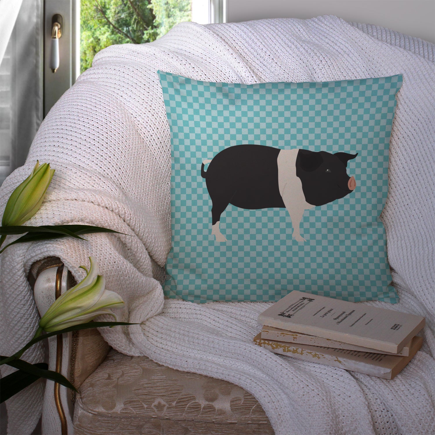 Hampshire Pig Blue Check Fabric Decorative Pillow BB8113PW1414 - the-store.com