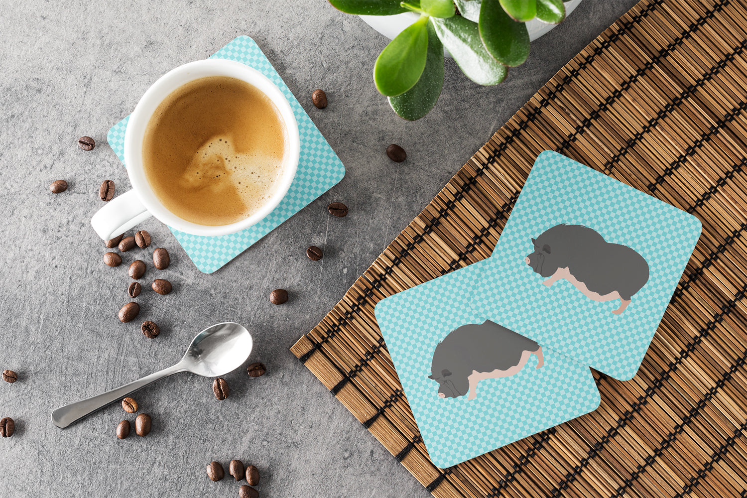 Vietnamese Pot-Bellied Pig Blue Check Foam Coaster Set of 4 BB8115FC - the-store.com