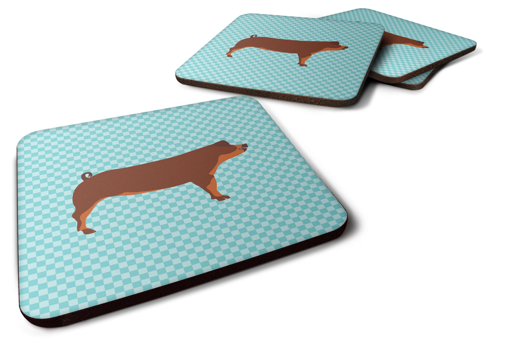 Duroc Pig Blue Check Foam Coaster Set of 4 BB8116FC - the-store.com