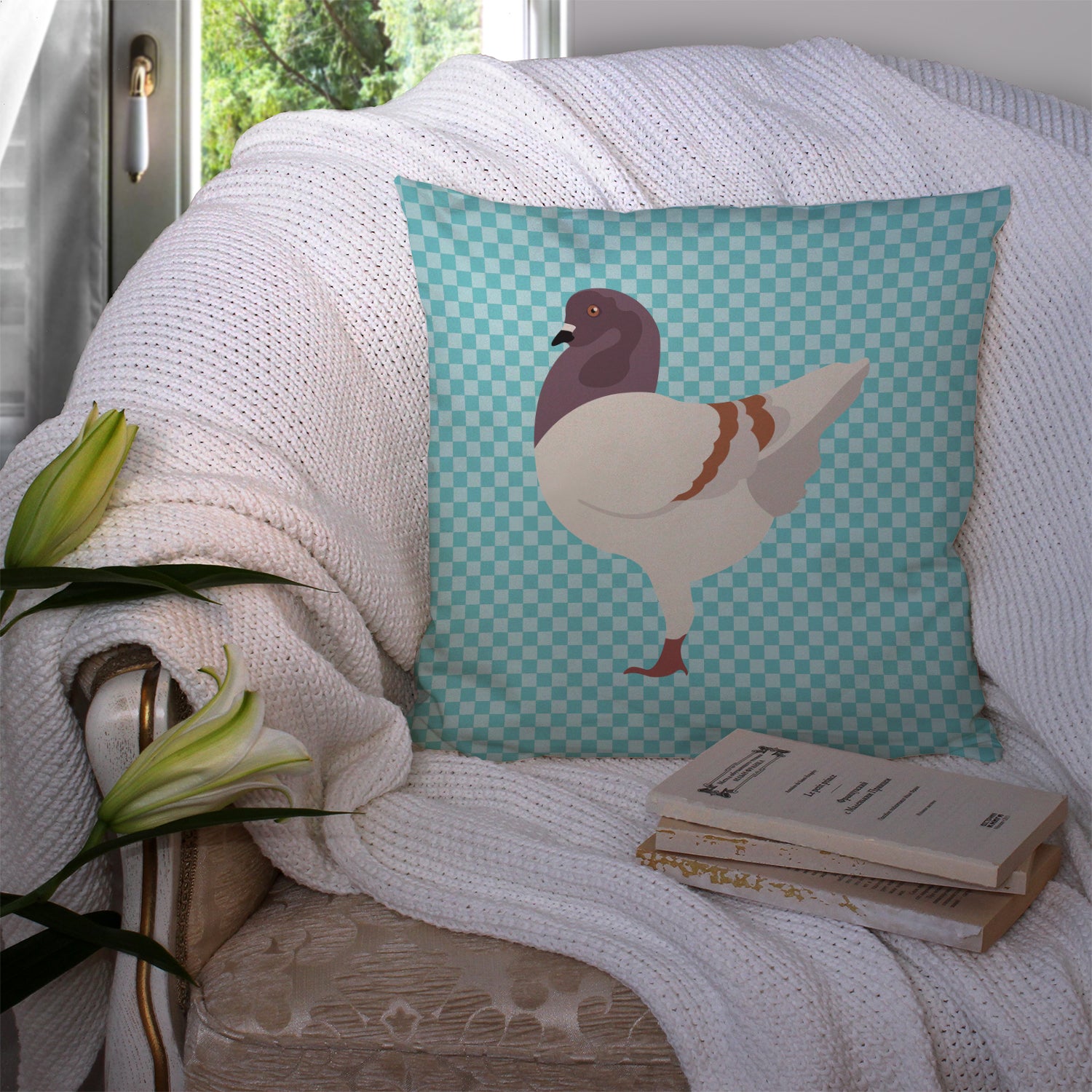 German Modena Pigeon Blue Check Fabric Decorative Pillow BB8123PW1414 - the-store.com