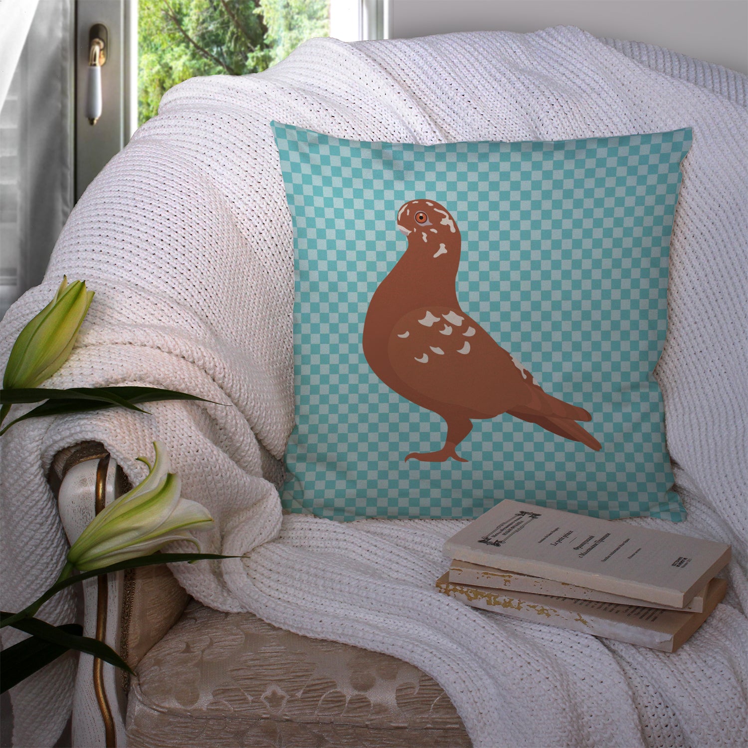 African Owl Pigeon Blue Check Fabric Decorative Pillow BB8127PW1414 - the-store.com