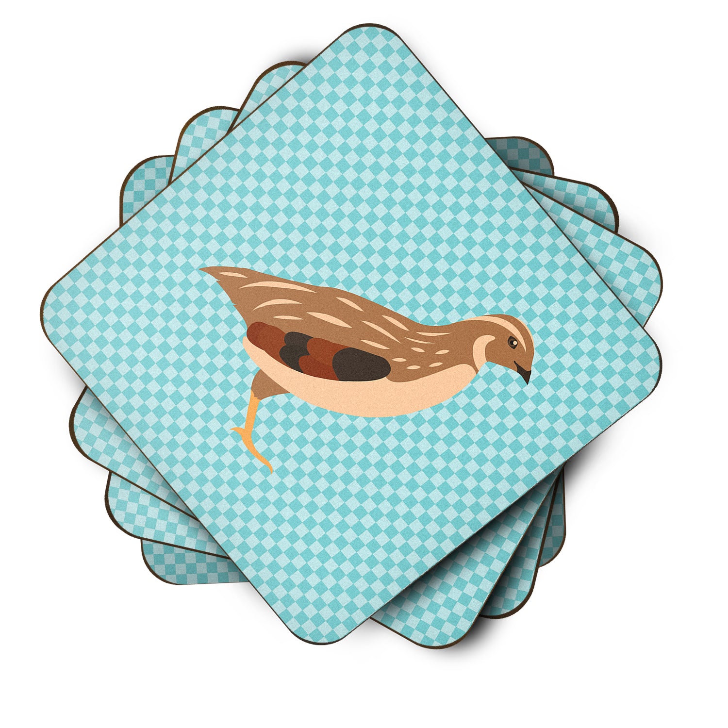 Golden Phoenix Quail Blue Check Foam Coaster Set of 4 BB8129FC - the-store.com