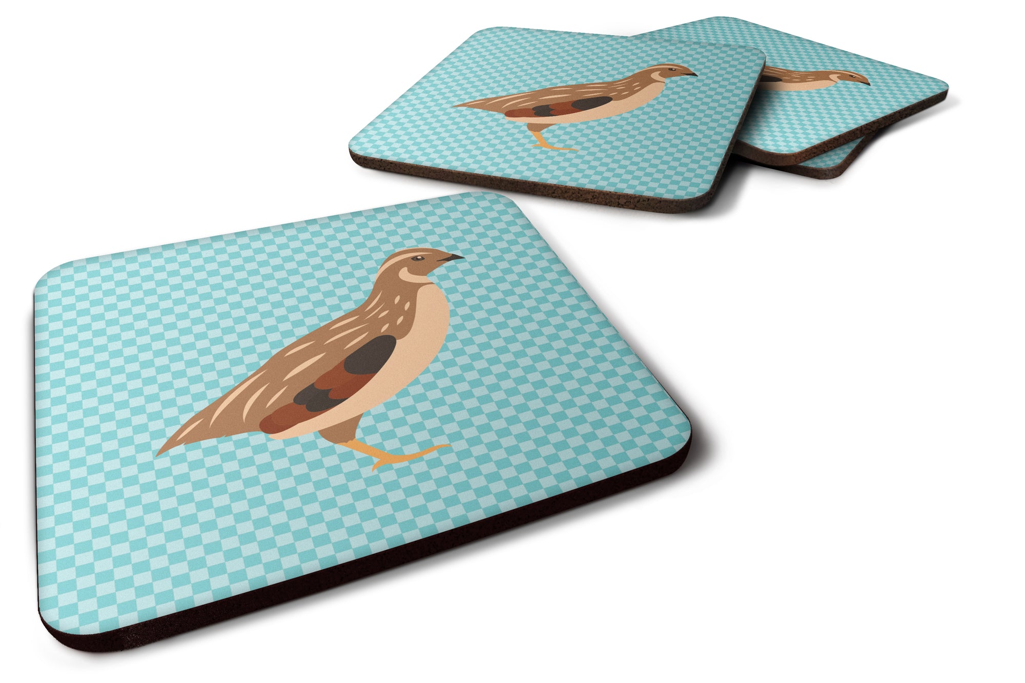 Golden Phoenix Quail Blue Check Foam Coaster Set of 4 BB8129FC - the-store.com