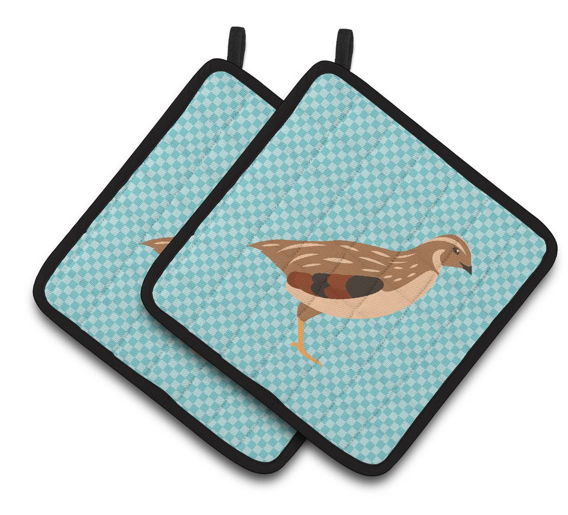 Golden Phoenix Quail Blue Check Pair of Pot Holders BB8129PTHD by Caroline&#39;s Treasures