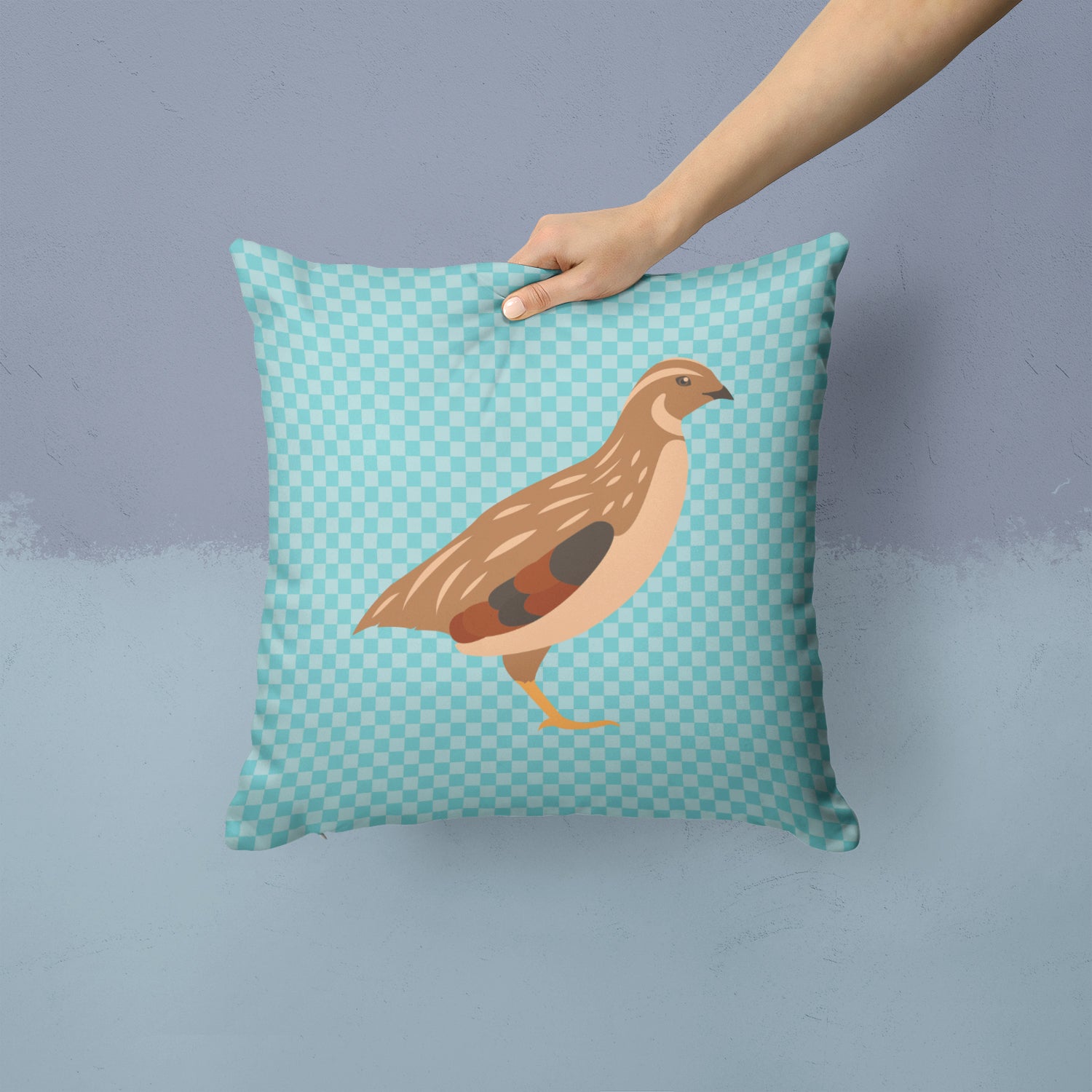 Golden Phoenix Quail Blue Check Fabric Decorative Pillow BB8129PW1414 - the-store.com