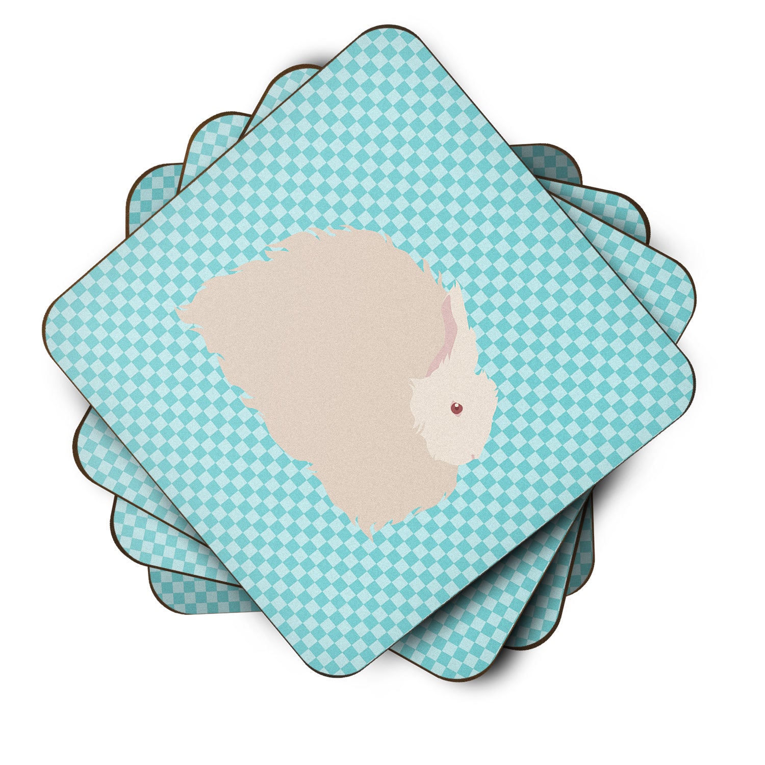 Fluffy Angora Rabbit Blue Check Foam Coaster Set of 4 BB8133FC - the-store.com